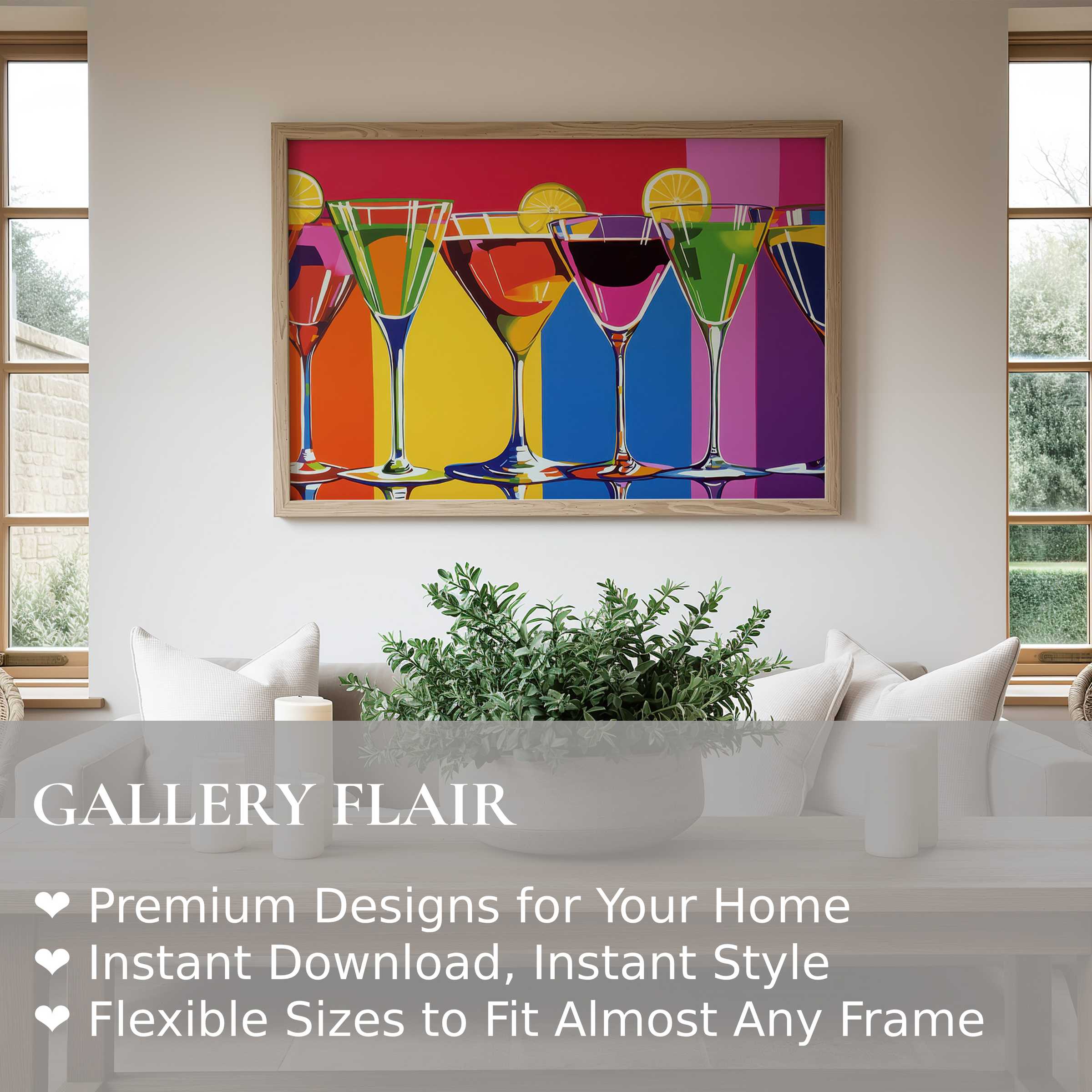 Vibrant pop art wall art print featuring colorful cocktail glasses, adding bold, modern flair to a minimalist living room