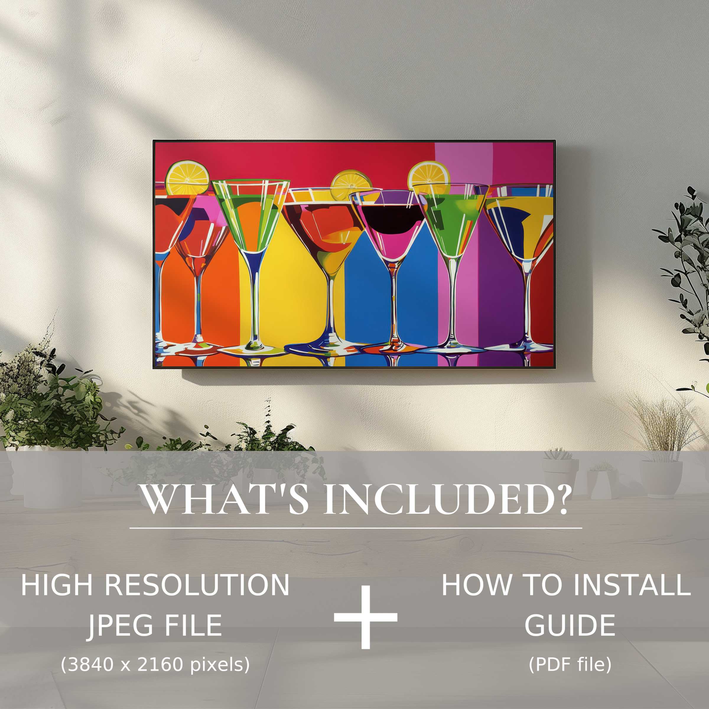 Pop art digital TV art download featuring vibrant cocktails, adding modern elegance and ease to stylish living spaces