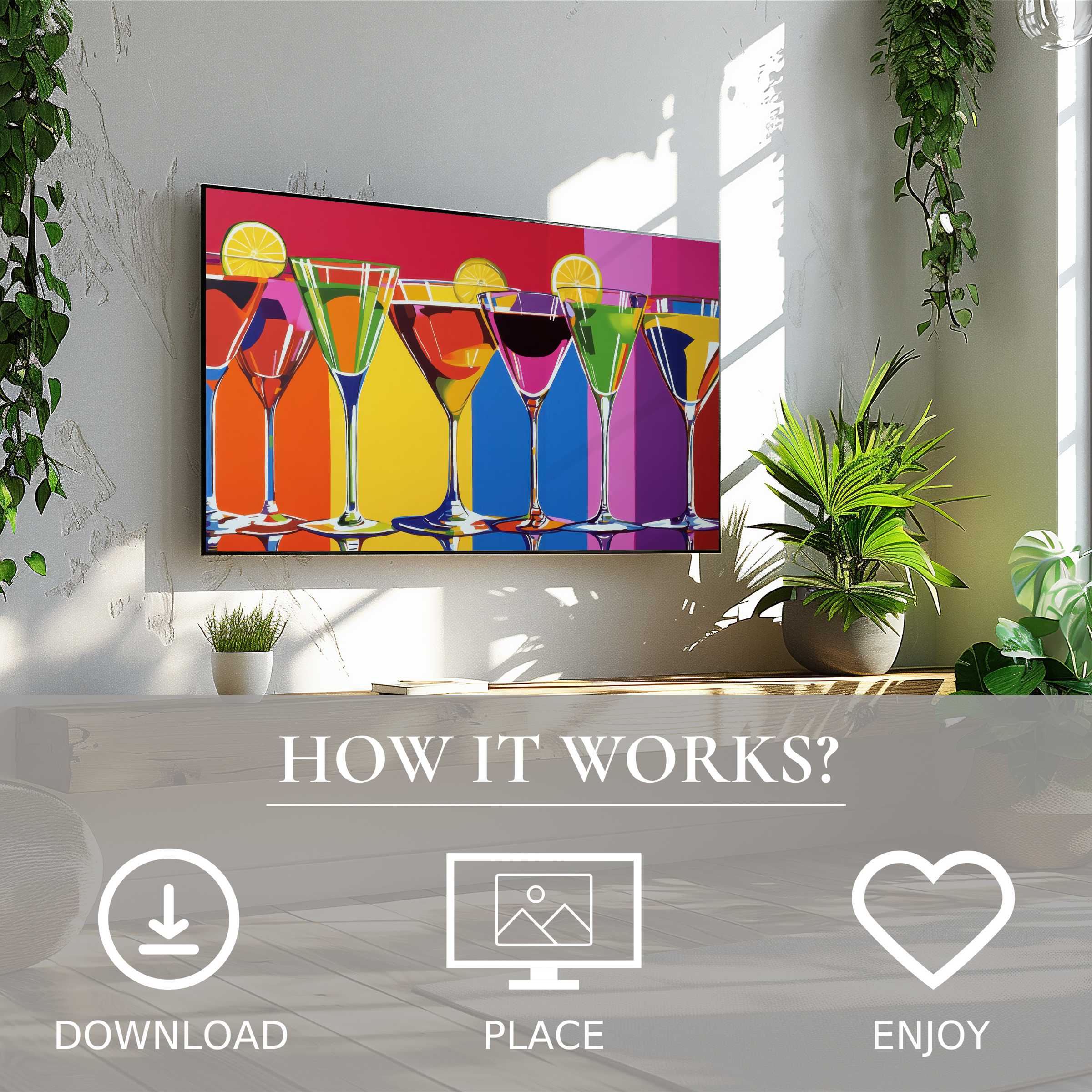Pop art art for Samsung TV shows vibrant cocktail motif, easy digital download, enriching bright and modern living spaces