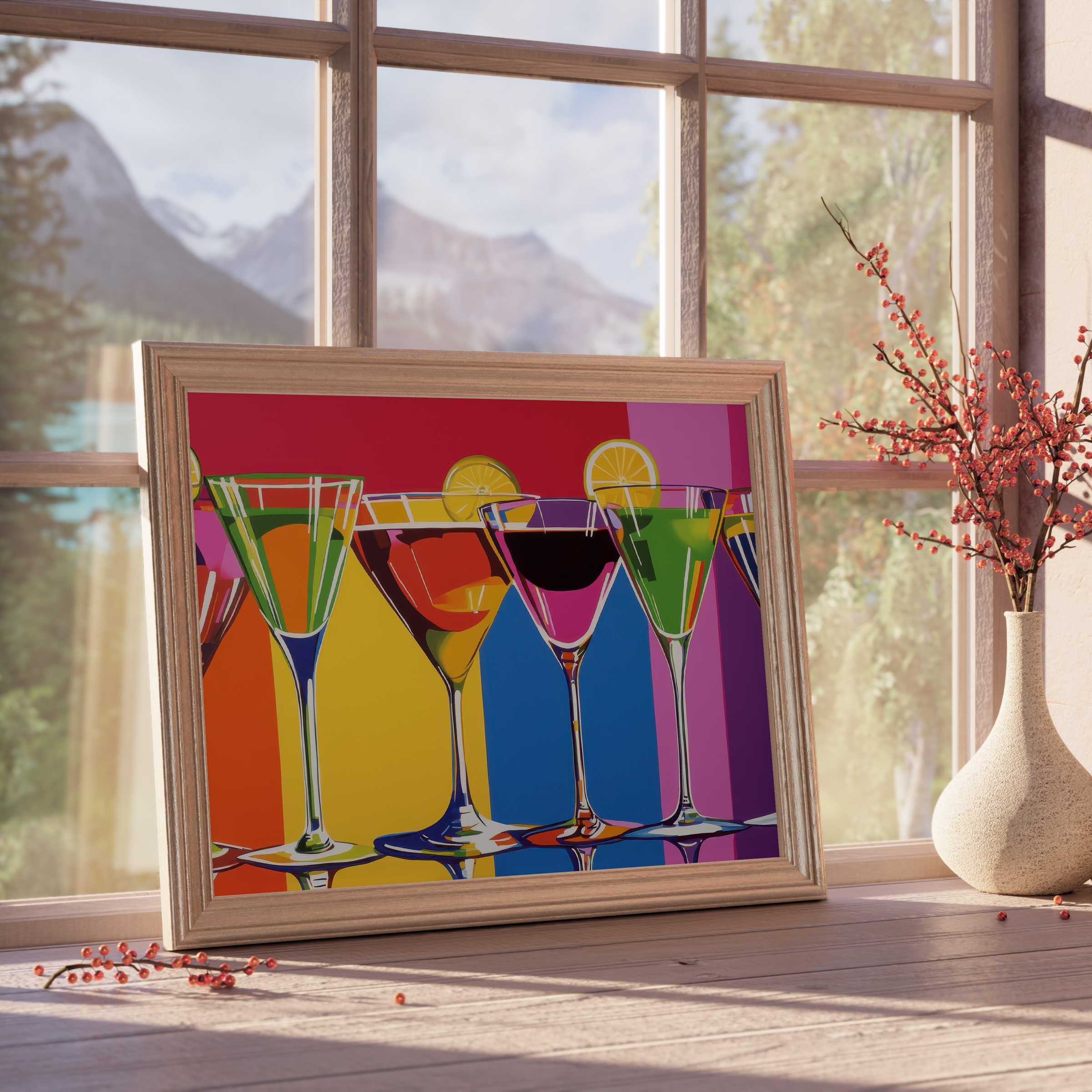Vibrant pop art downloadable art featuring colorful cocktail glasses, elevating chic, curated interiors with lively, sophisticated flair