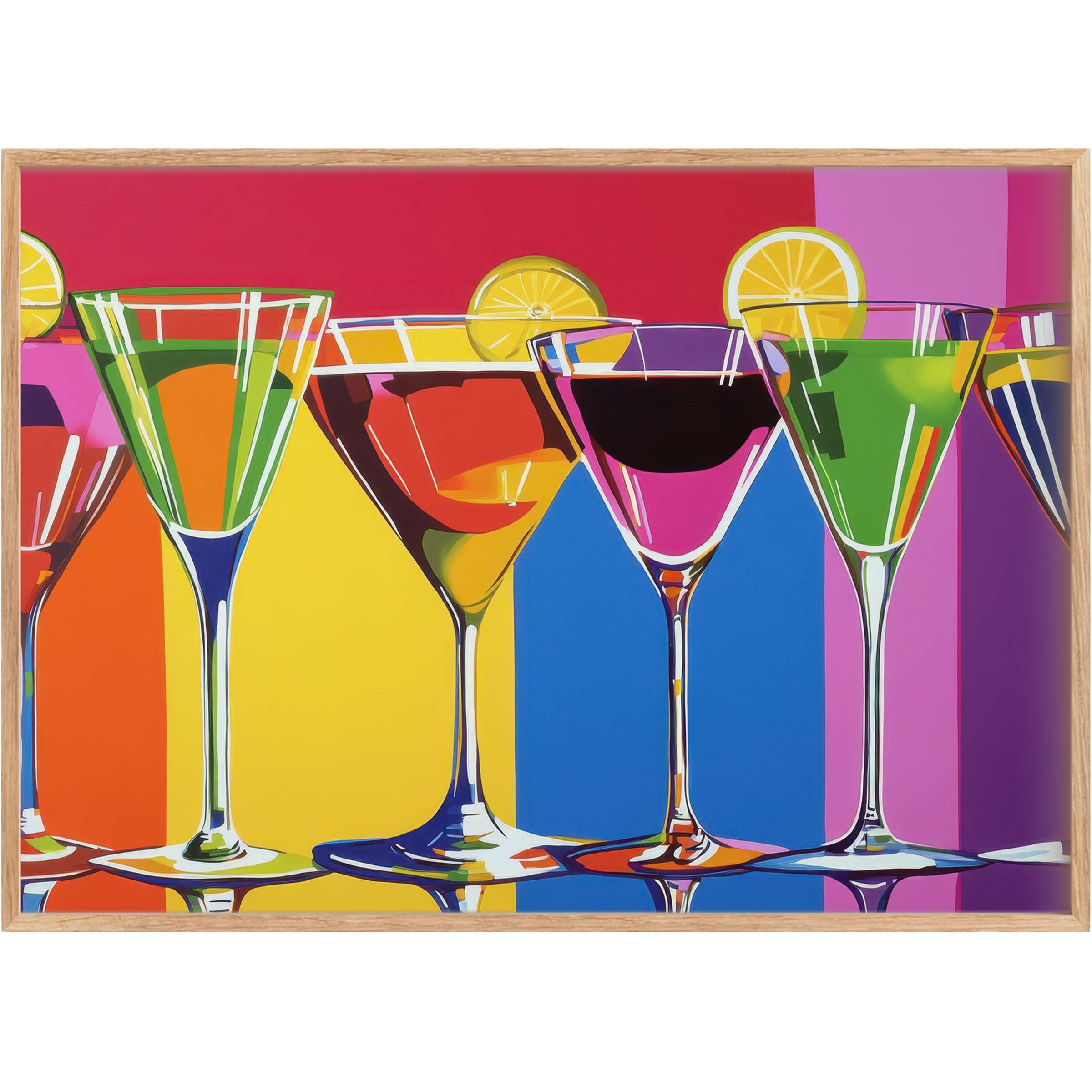 Vibrant pop art printable wall art featuring colorful cocktail glasses with lemon accents, radiating bold, festive energy