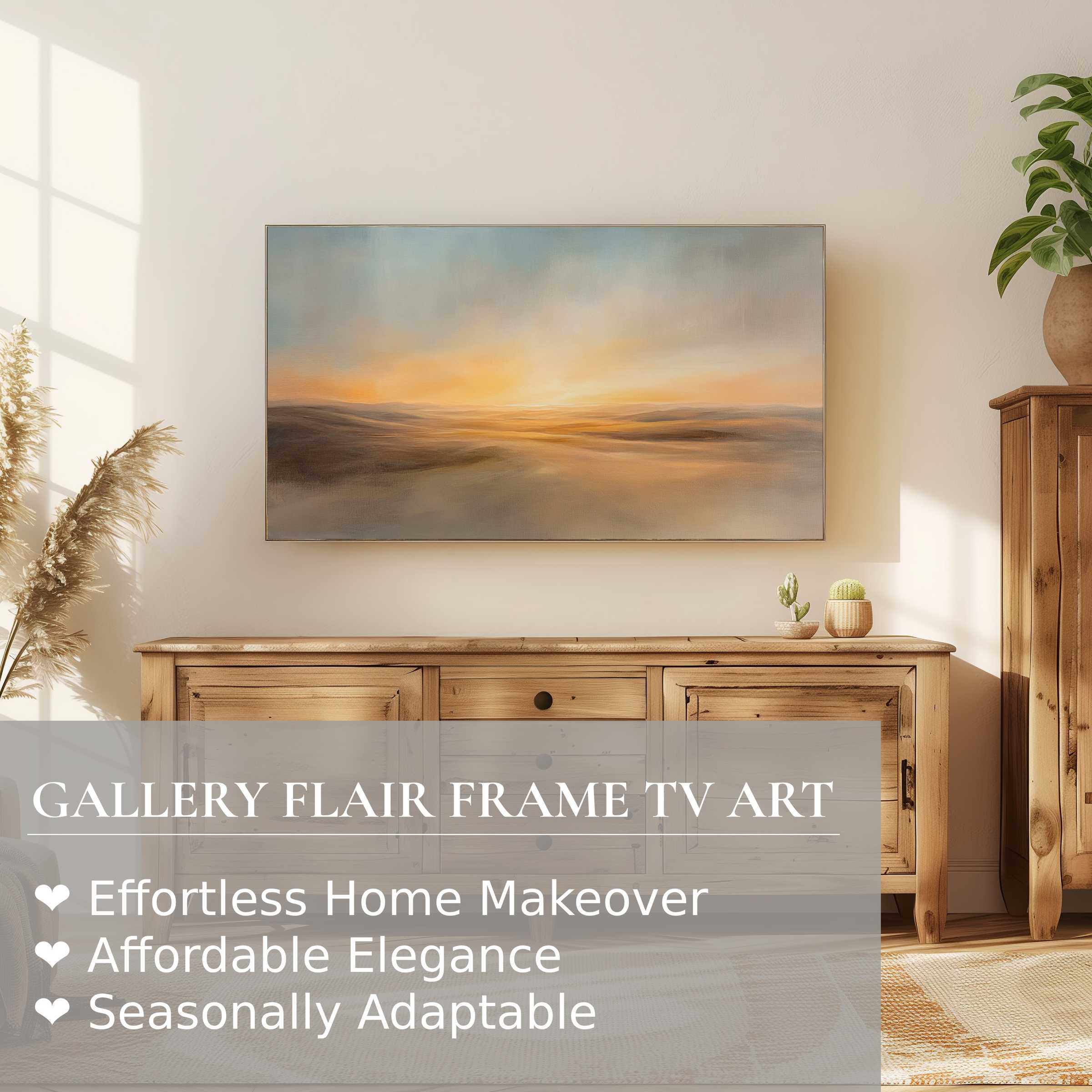 Samsung Frame TV displaying warm, serene landscape digital artwork in a refined, modern natural wood setting