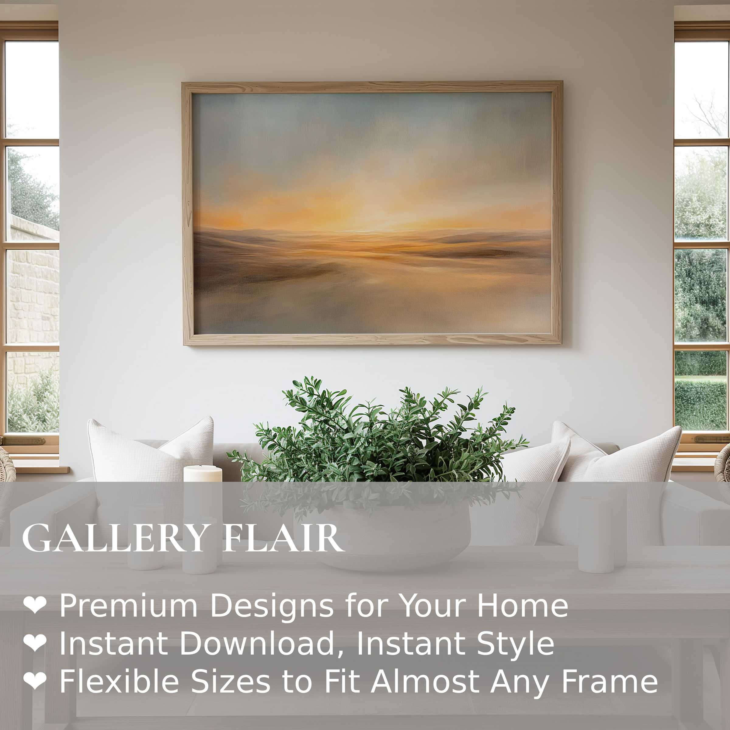 Serene landscape wall art print with warm golden hues, enhancing modern minimalist interiors with calm, radiant ambiance and natural elegance