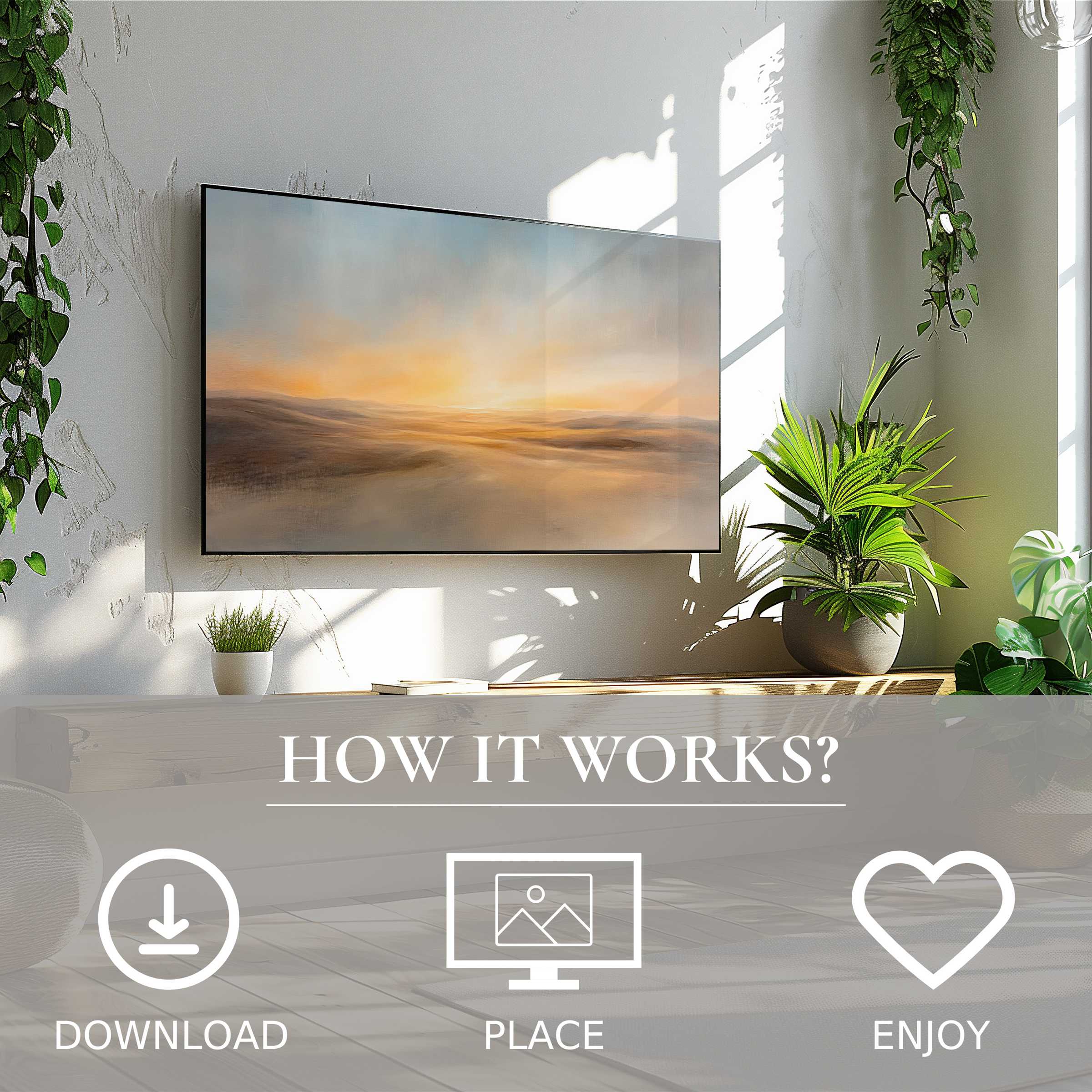 Modern living room with landscape art for Samsung TV, soft sunset tones, easy digital download enhances space