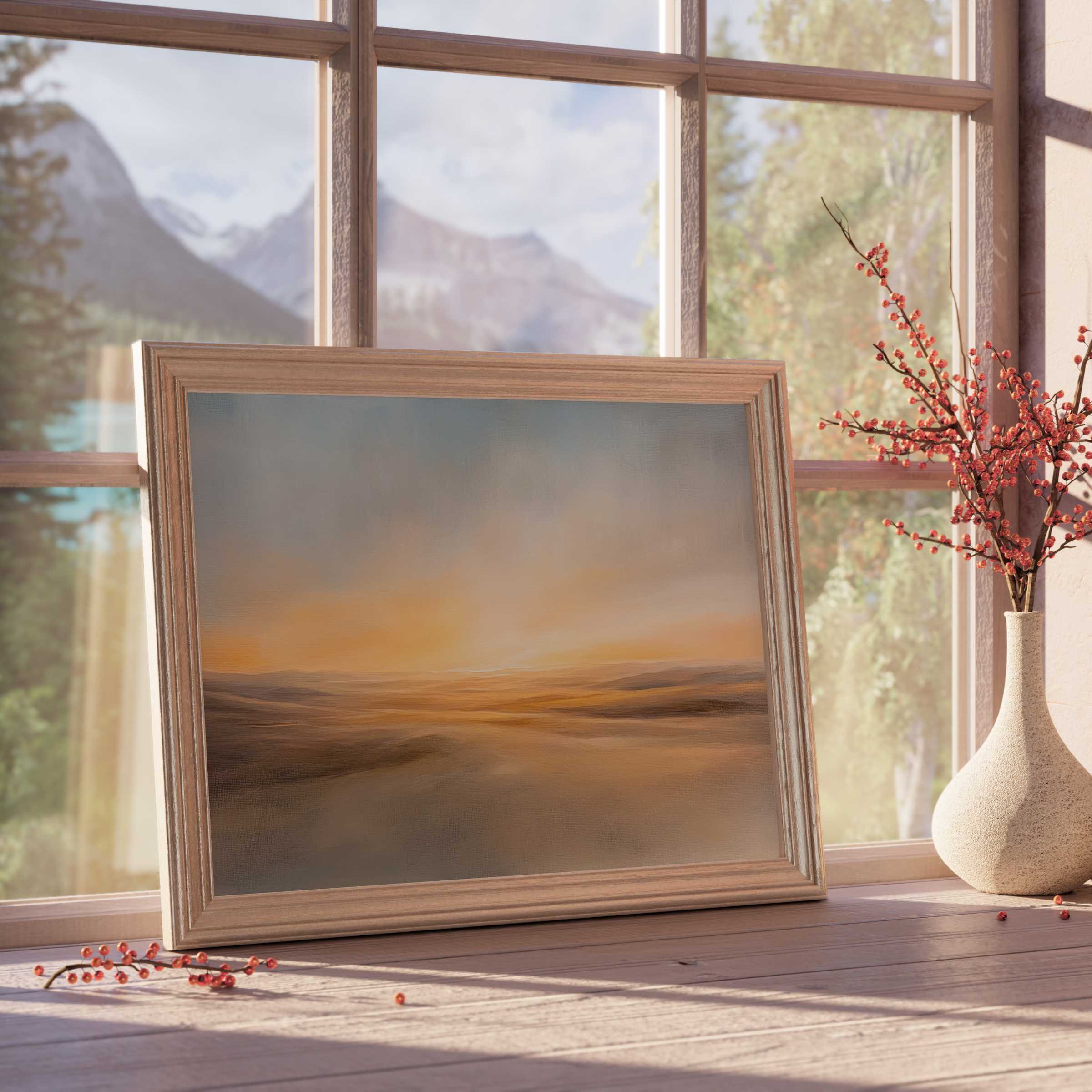 Serene landscape downloadable art capturing warm, golden light over tranquil hills, perfect for elevating refined, nature-inspired interiors