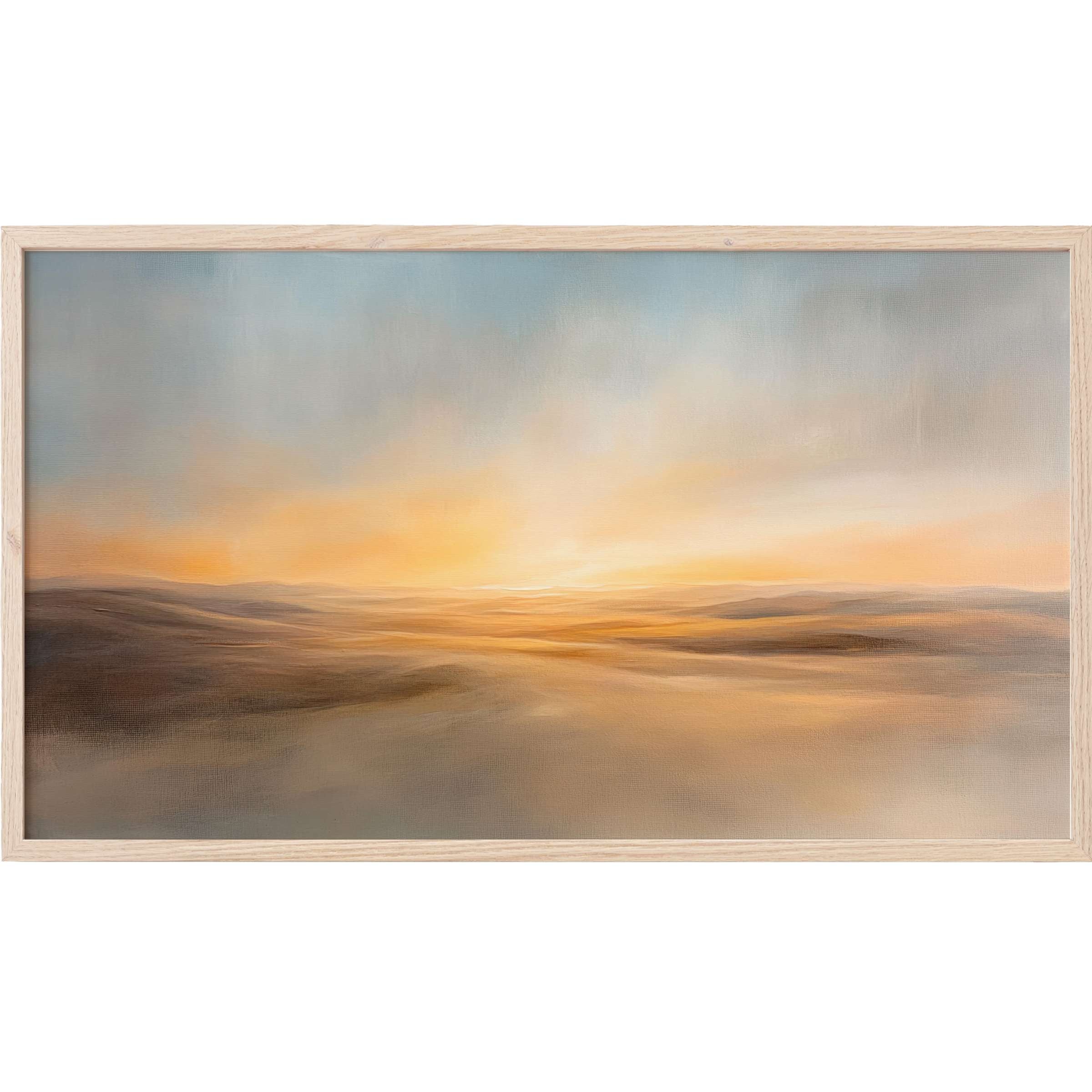 Soft golden hues blend with muted blues in this serene, minimalist landscape Frame TV Art for sophisticated spaces