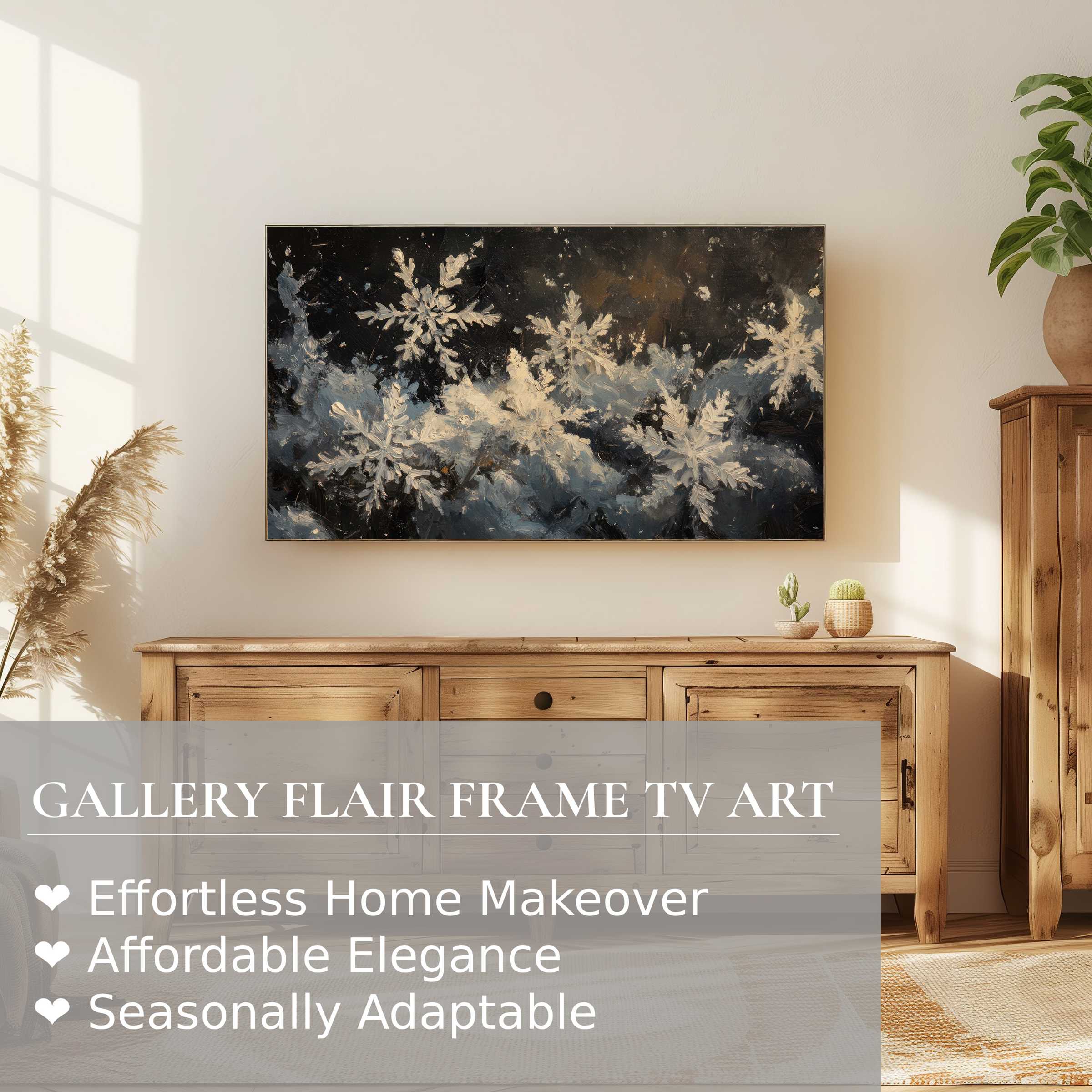 Samsung Frame TV showcases winter digital artwork with elegant snowflakes in a warm, modern home setting