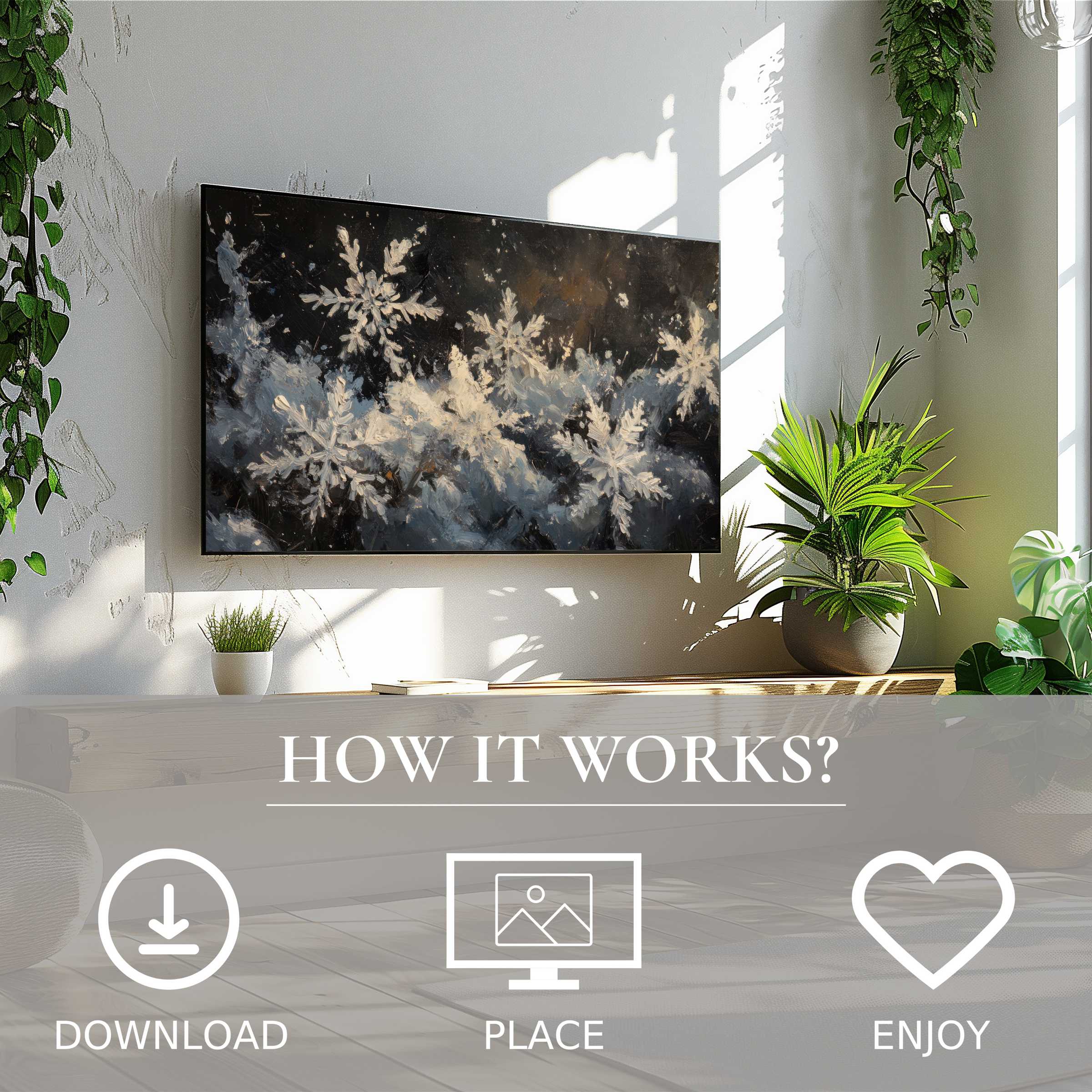 Winter art for Samsung TV shows soft snowflake motif; easy digital download enriches modern, bright living spaces