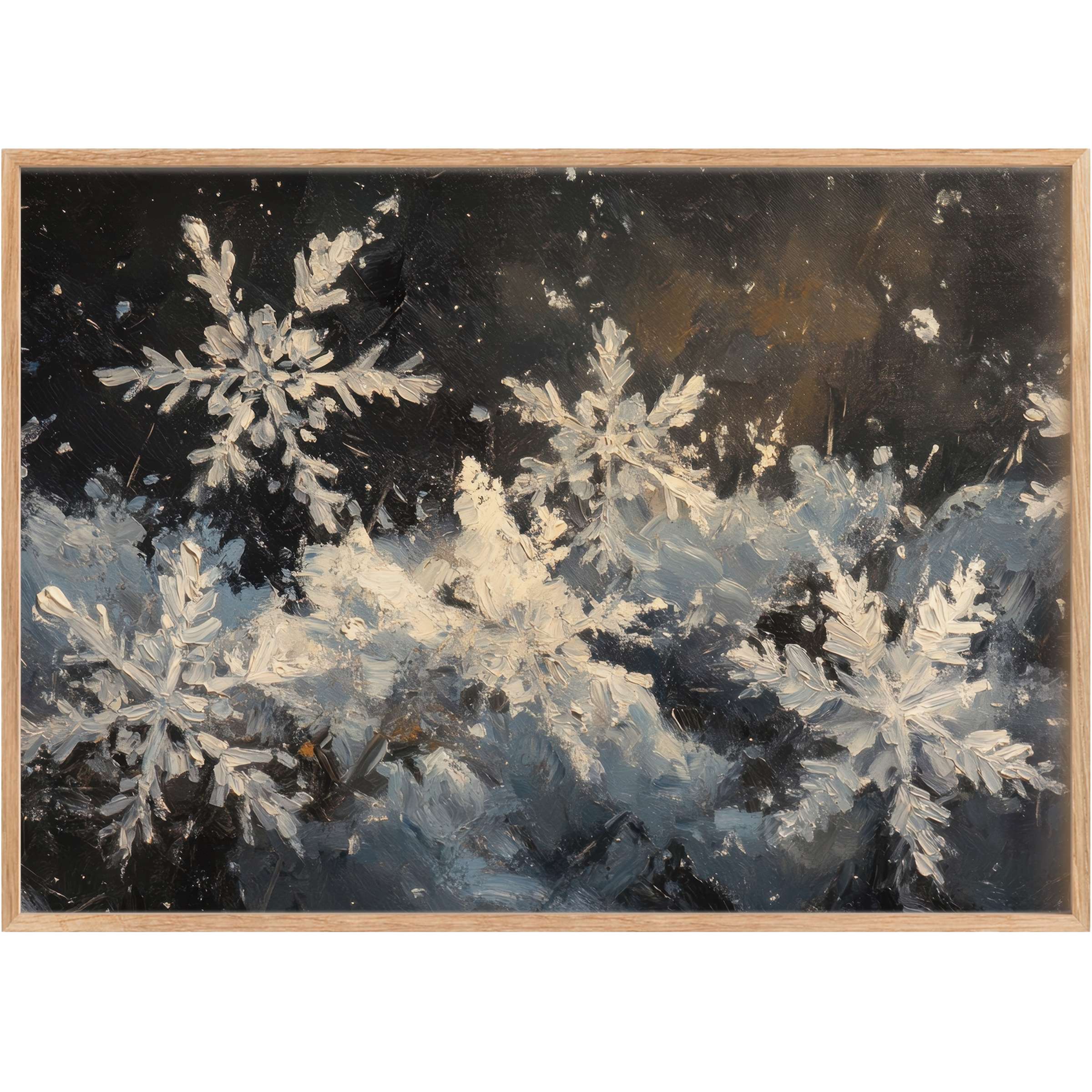 Elegant winter printable wall art featuring delicately textured snowflakes in cool blues and soft whites, evoking a serene, luminous atmosphere