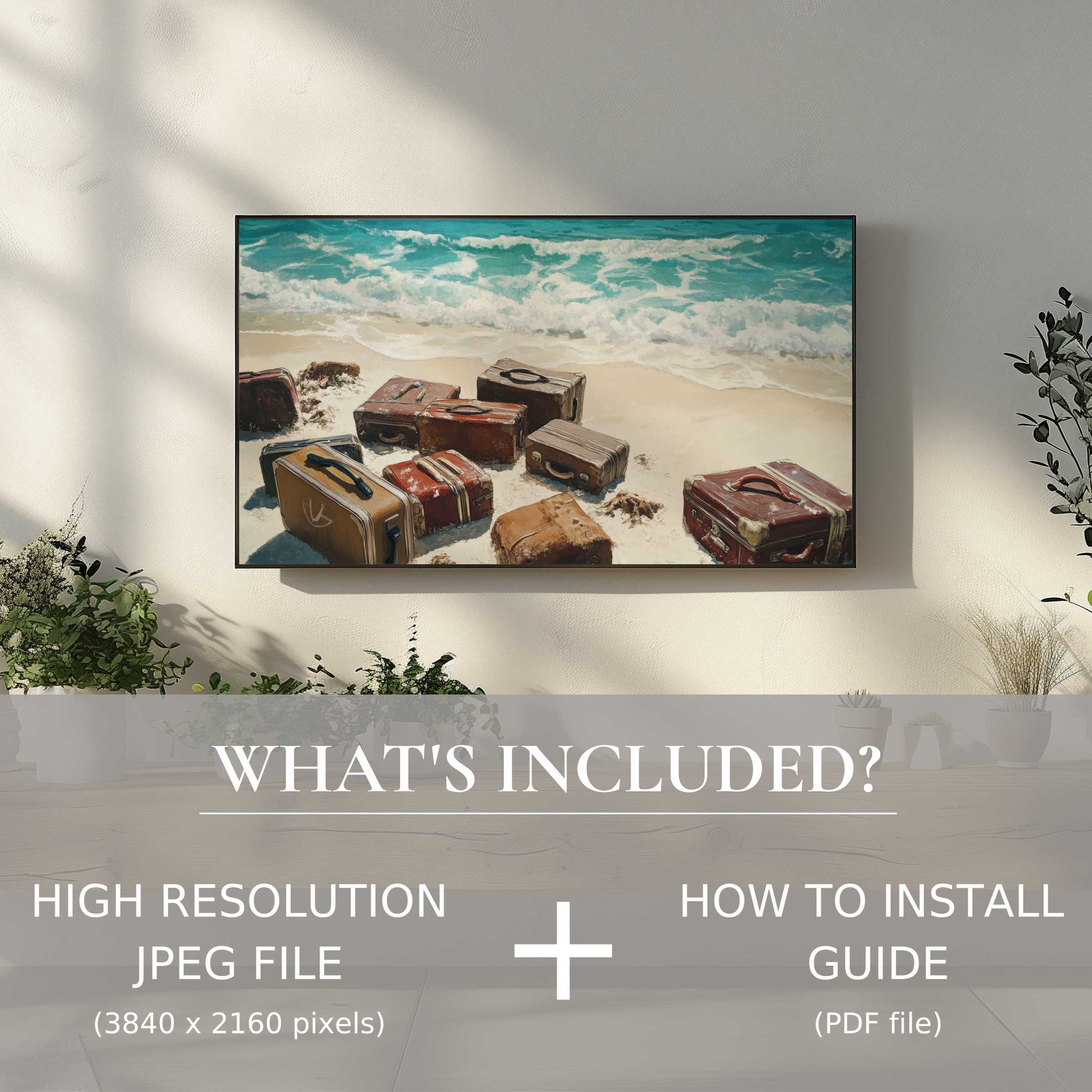 Elegant beachscape displayed on sleek TV, street art digital TV art download for effortless stylish home decor upgrade