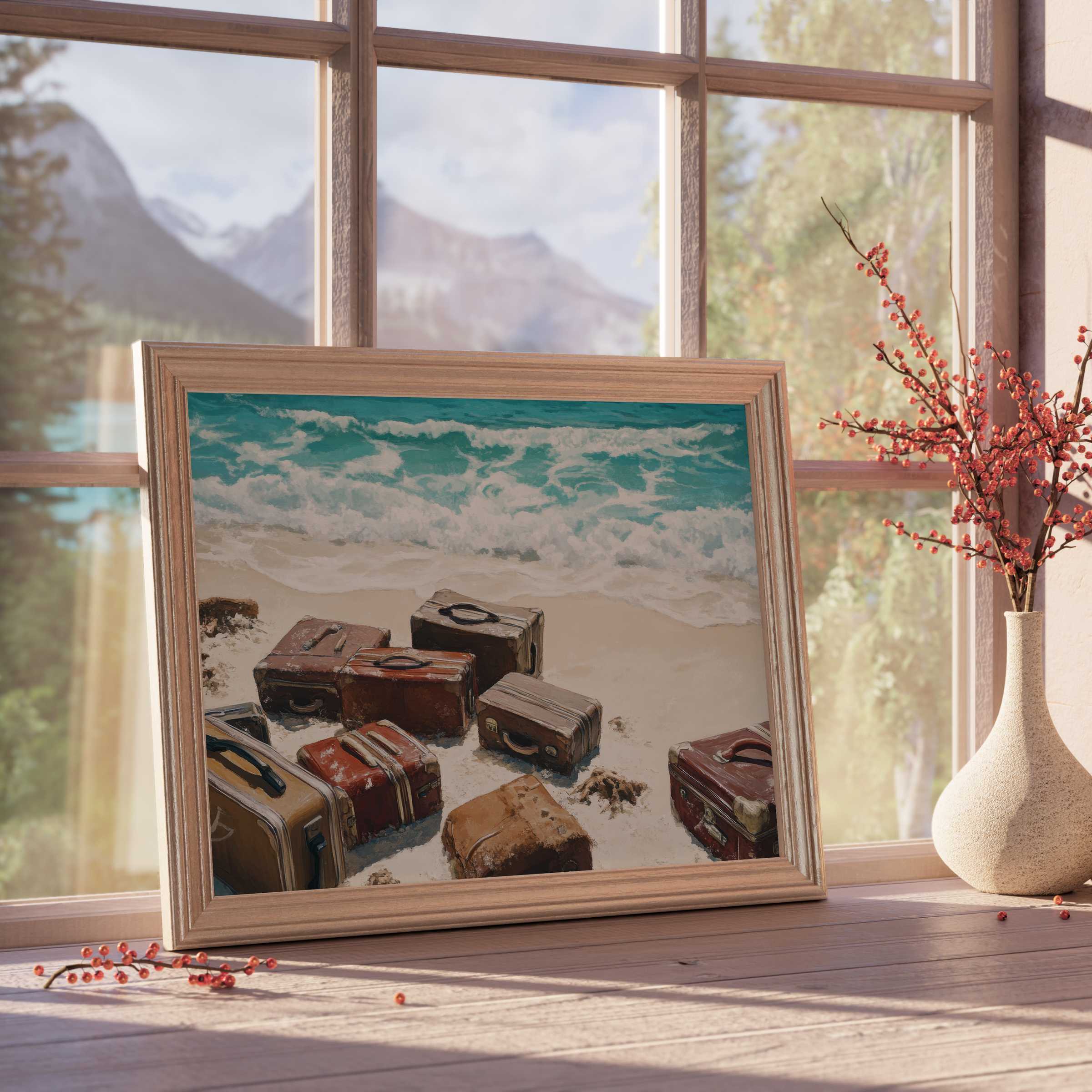 Street art downloadable art capturing vintage suitcases on a serene shore, infusing tranquil, curated interiors with nostalgic charm