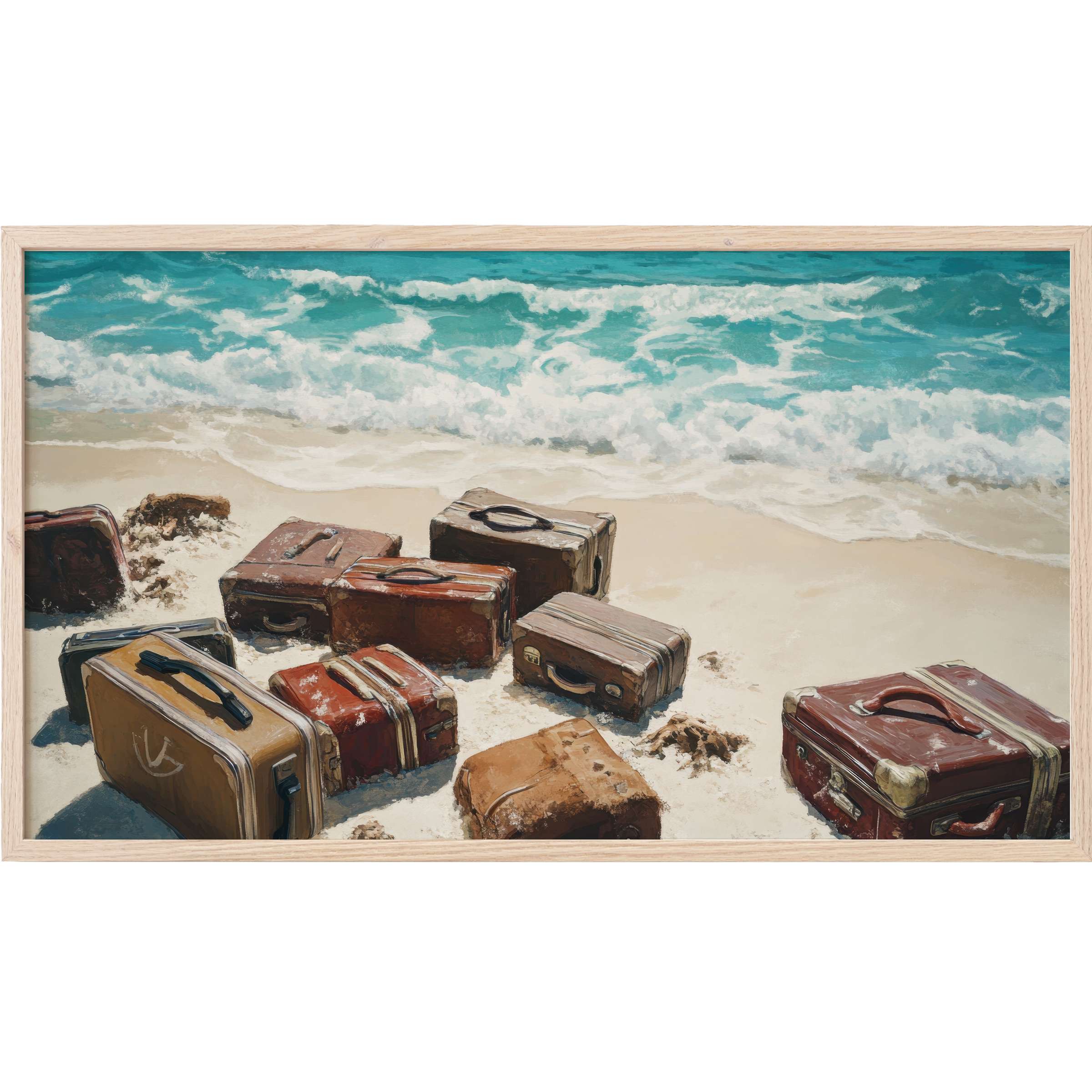 Vintage suitcases scattered on sandy shore against turquoise waves, a nostalgic street art Frame TV Art piece