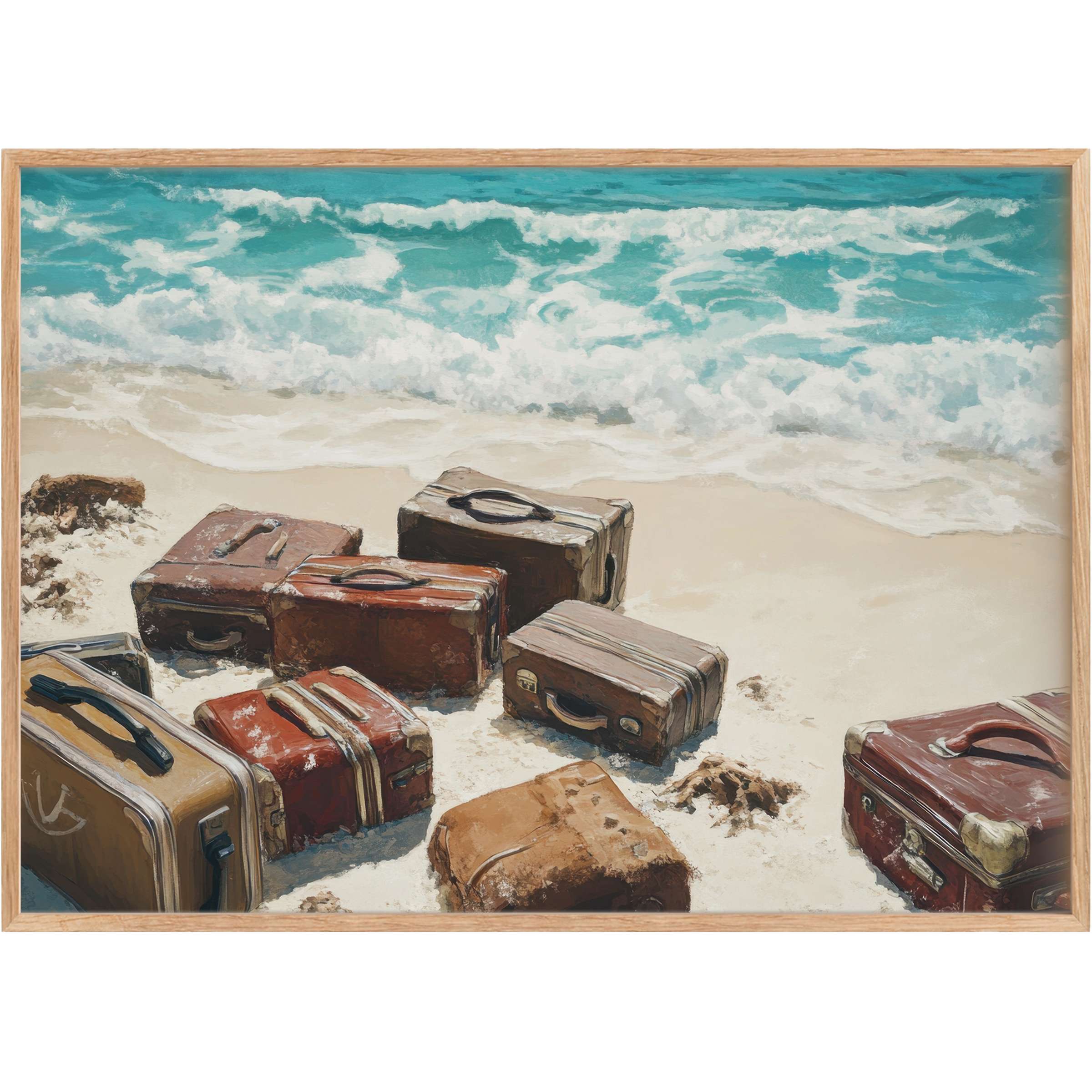 Rustic suitcases rest on sunlit sand beside turquoise waves, blending vintage charm with coastal serenity in street art printable wall art