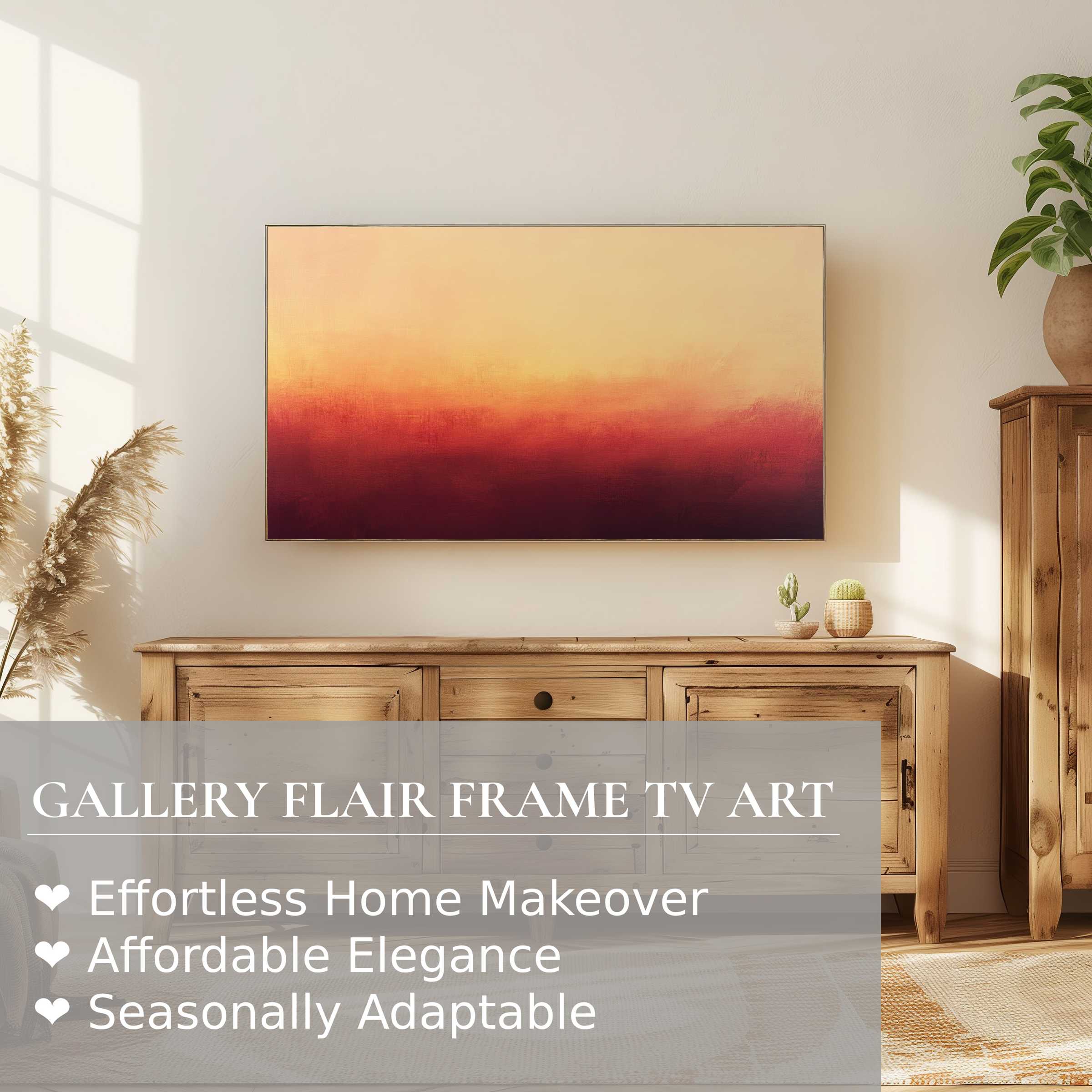 Samsung Frame TV displaying warm, gradient abstract digital artwork in a chic, natural wood living space