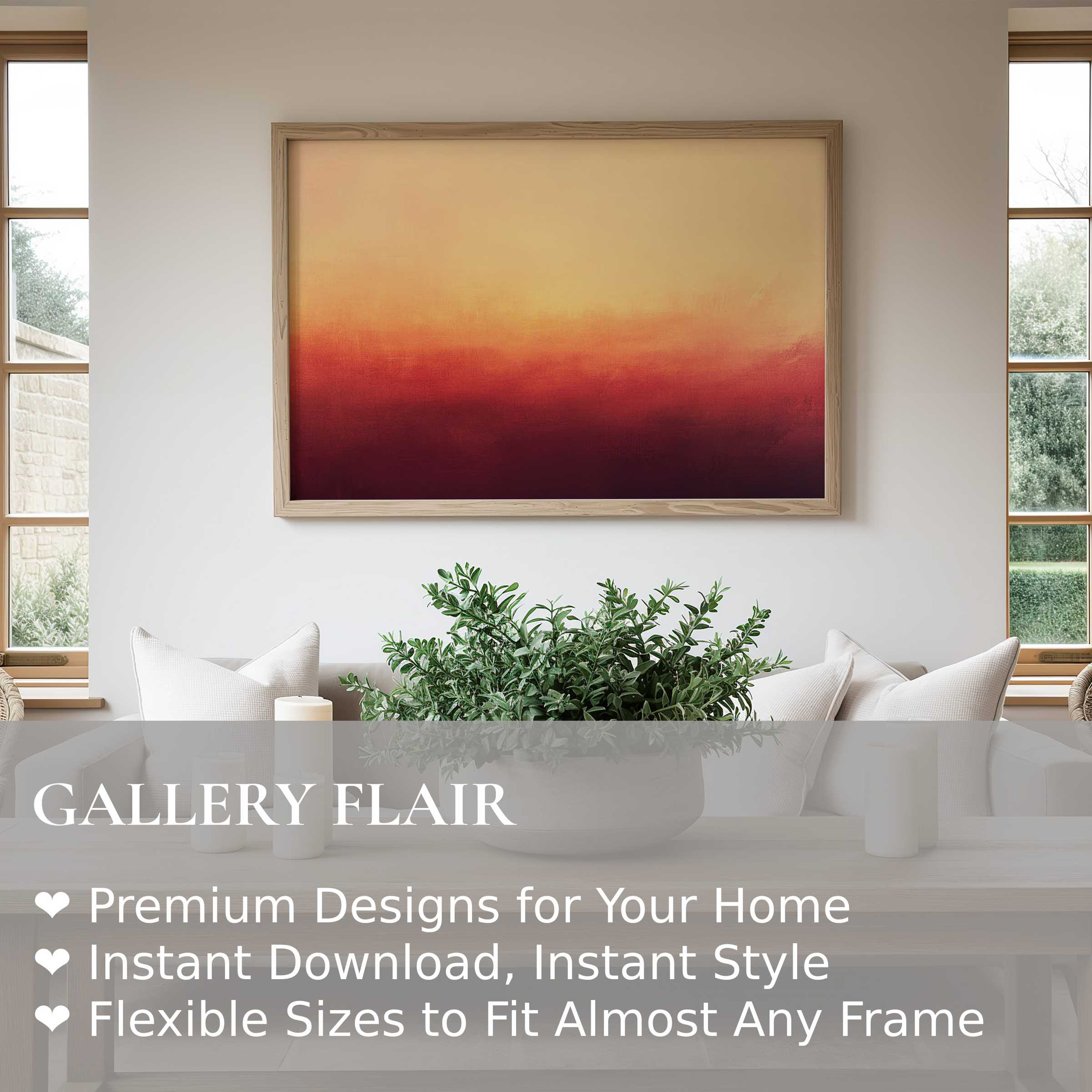 Abstract wall art print in warm ombre hues of amber and deep red, adding radiant elegance and modern serenity to upscale minimalist interiors