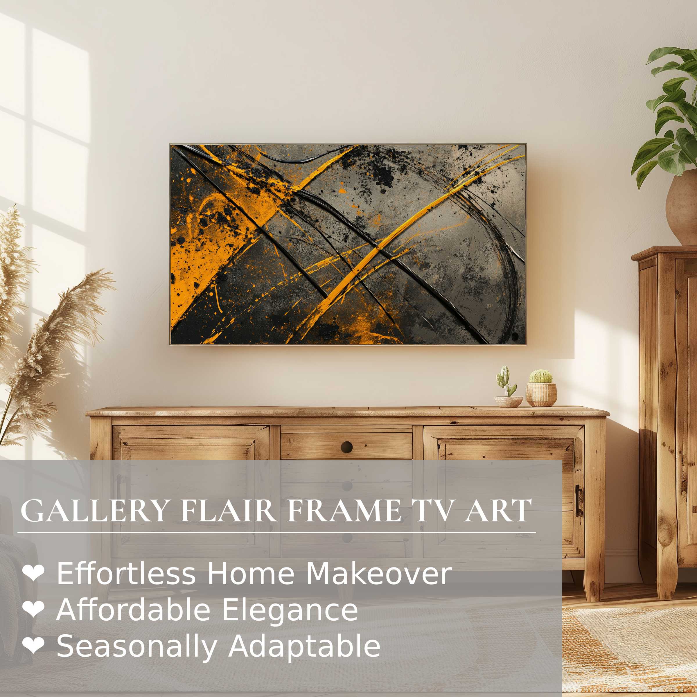 Samsung Frame TV displaying modern digital artwork with bold orange and black abstract strokes in a minimalist room