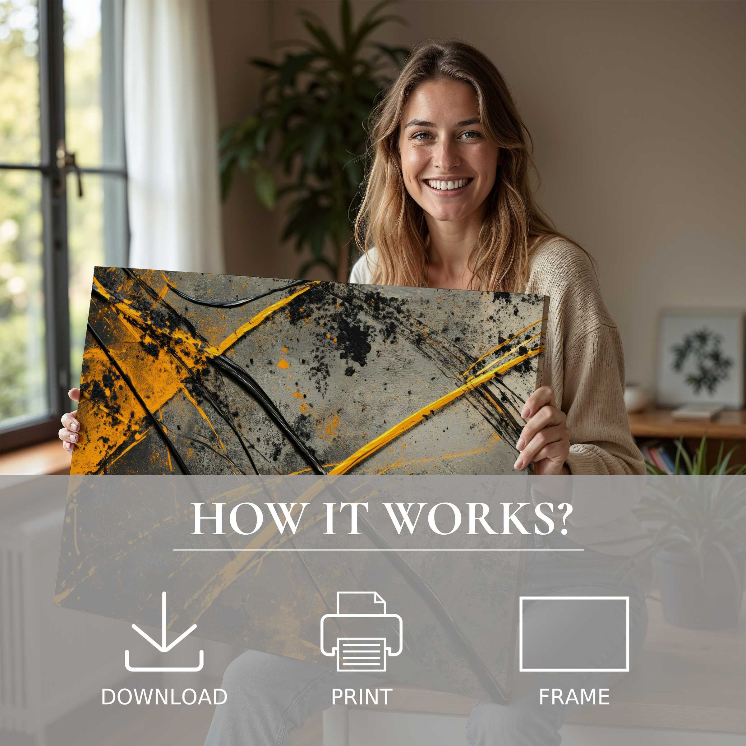 Radiant joy in a stylish home as modern digital art print brings effortless warmth with bold abstract tones