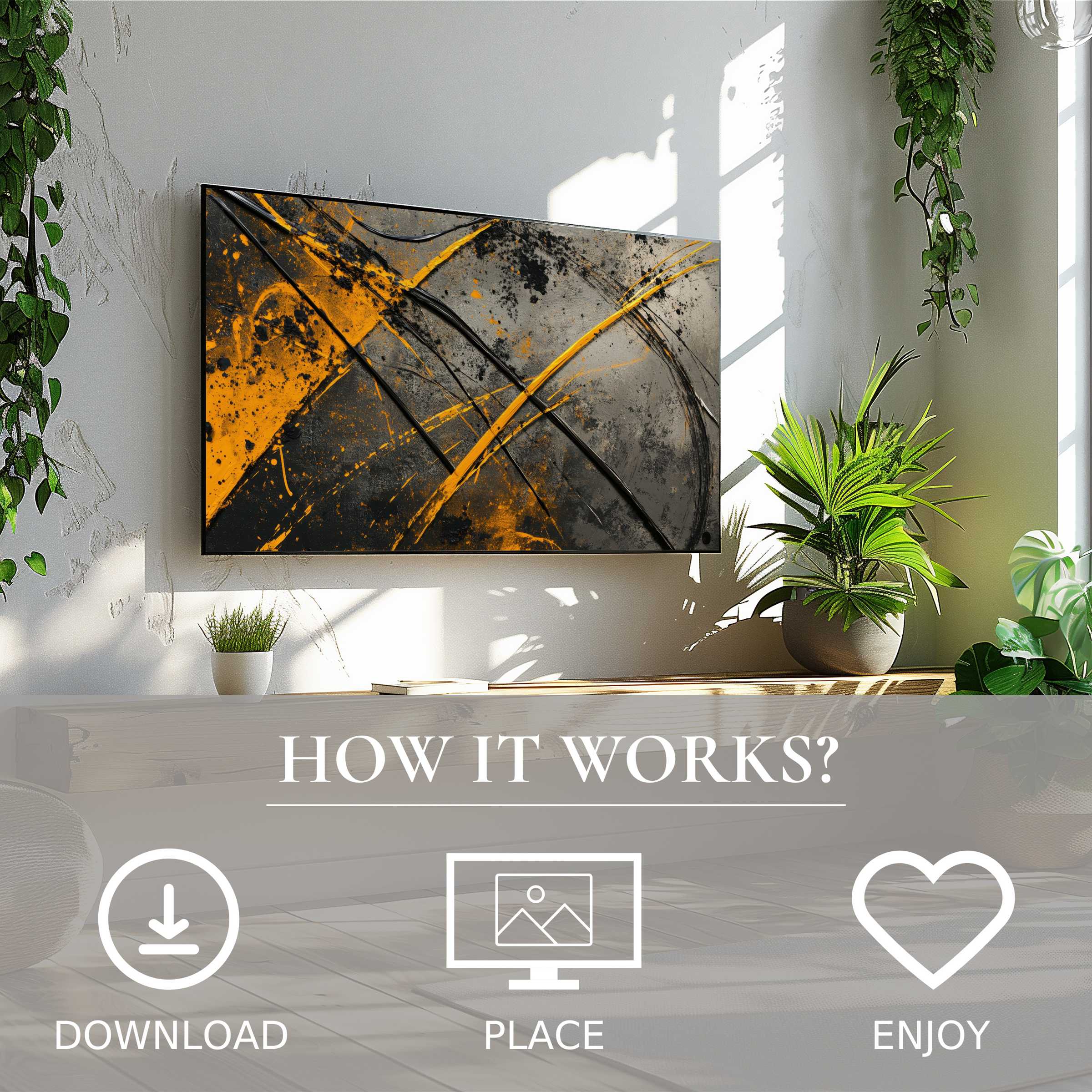 Modern art for Samsung TV with bold orange and black strokes, digital download enriches bright, plant-filled living spaces