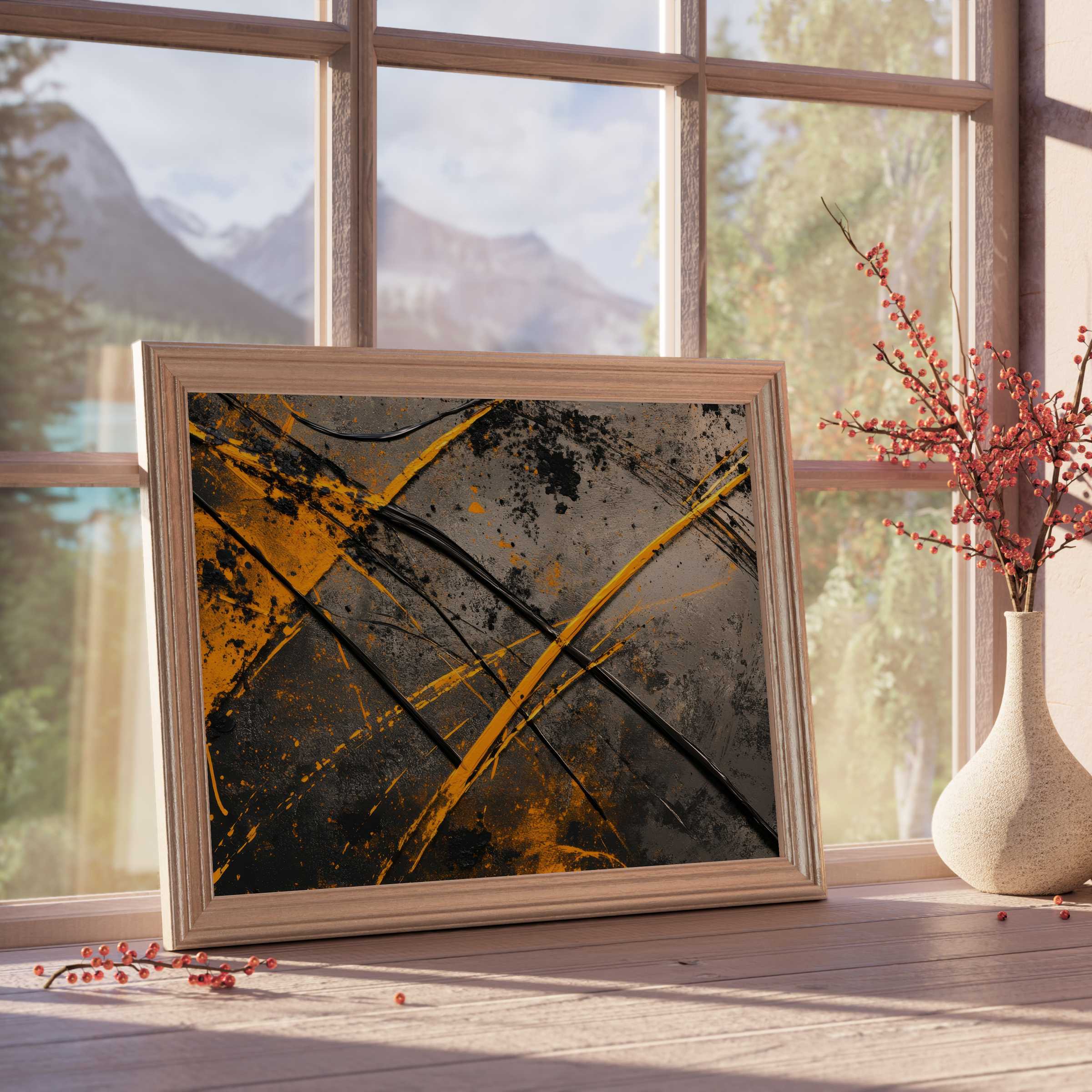 Modern downloadable art featuring bold ochre and charcoal strokes, elevating curated interiors with dynamic warmth and sophisticated depth