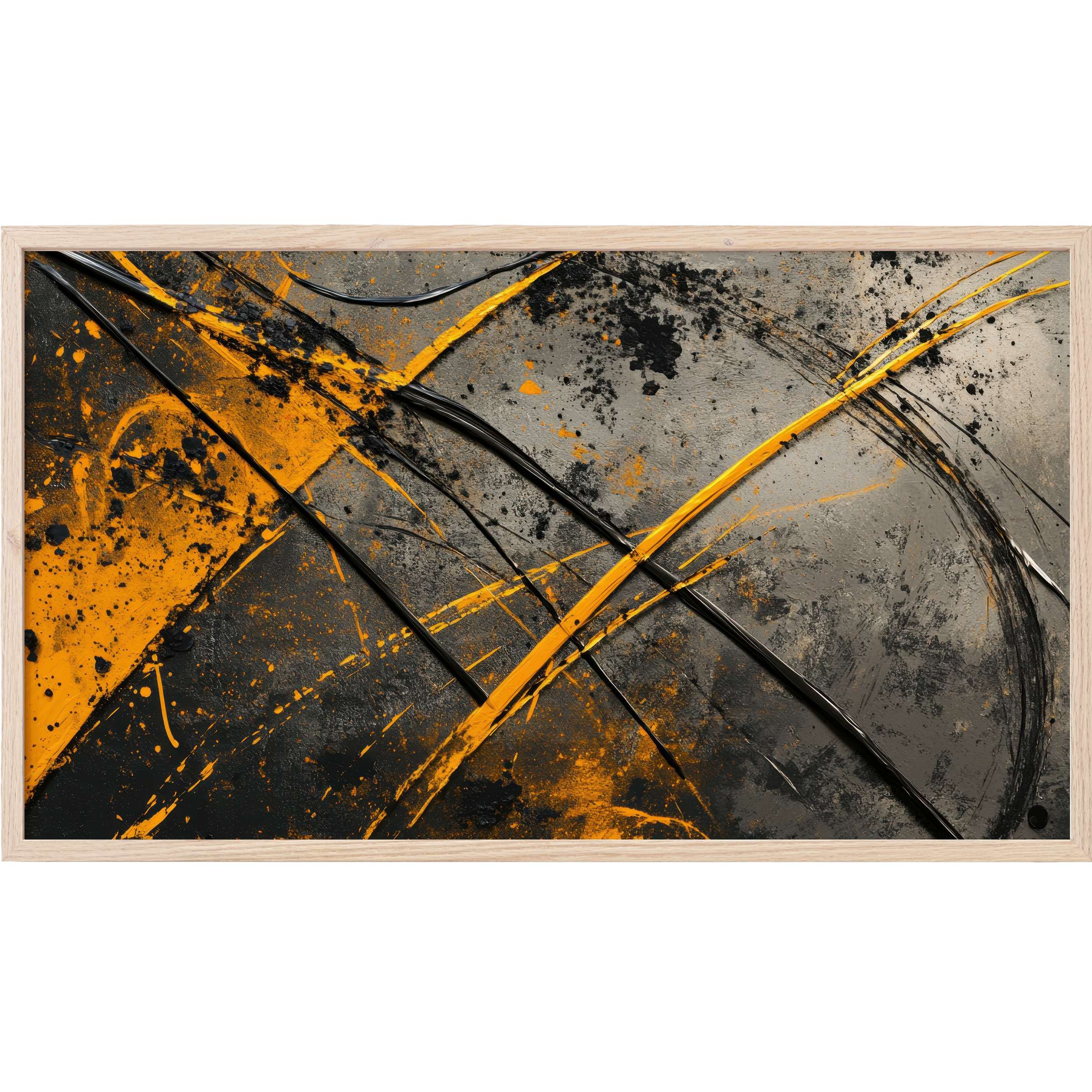 Bold abstract strokes in black and vibrant orange on textured gray, framed for modern Frame TV Art lovers