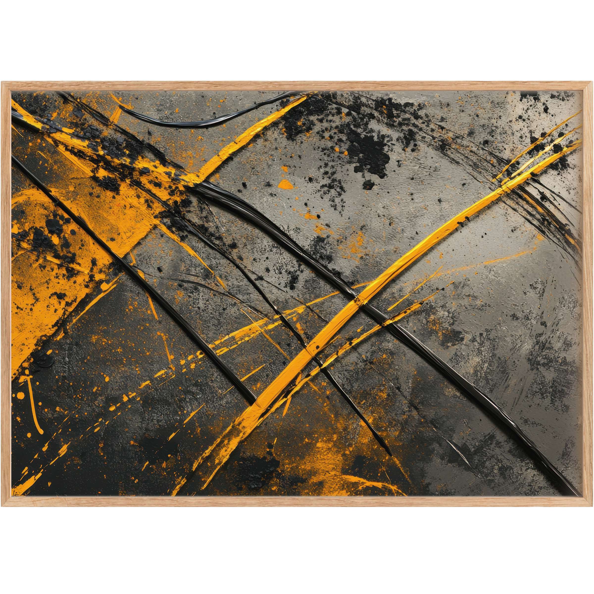 Modern printable wall art featuring dynamic black and vibrant amber streaks on textured gray, evoking bold, energizing sophistication