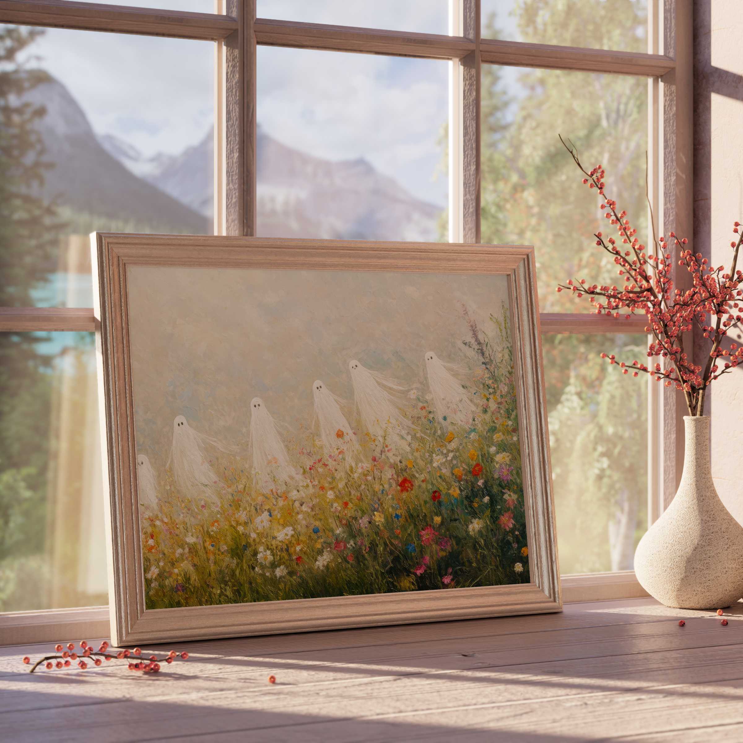 Ethereal Halloween downloadable art featuring whimsical ghosts drifting above vibrant wildflowers, perfect for serene, curated autumn interiors