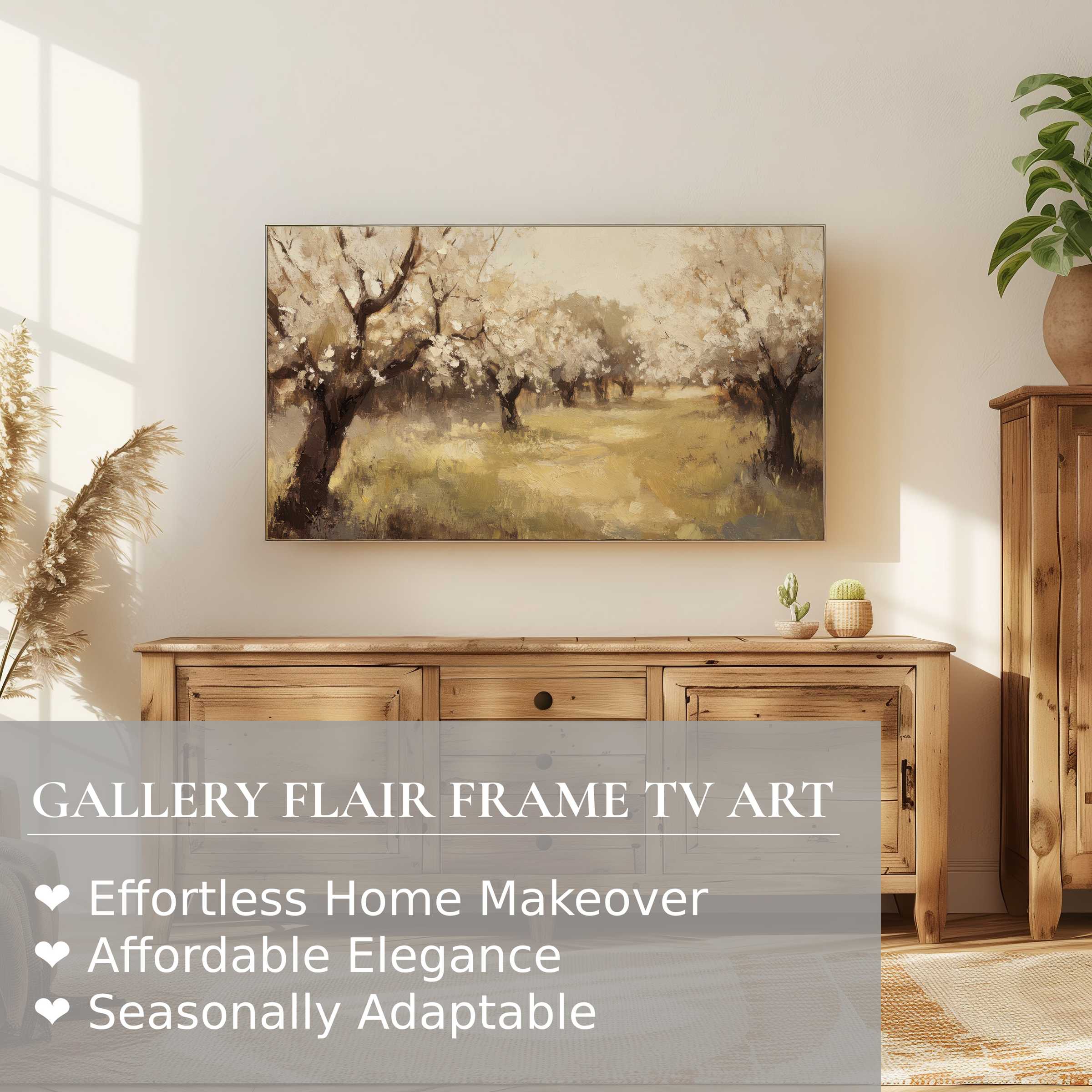 Samsung Frame TV showcasing serene tree digital artwork in warm tones, enriching modern, elegant living spaces