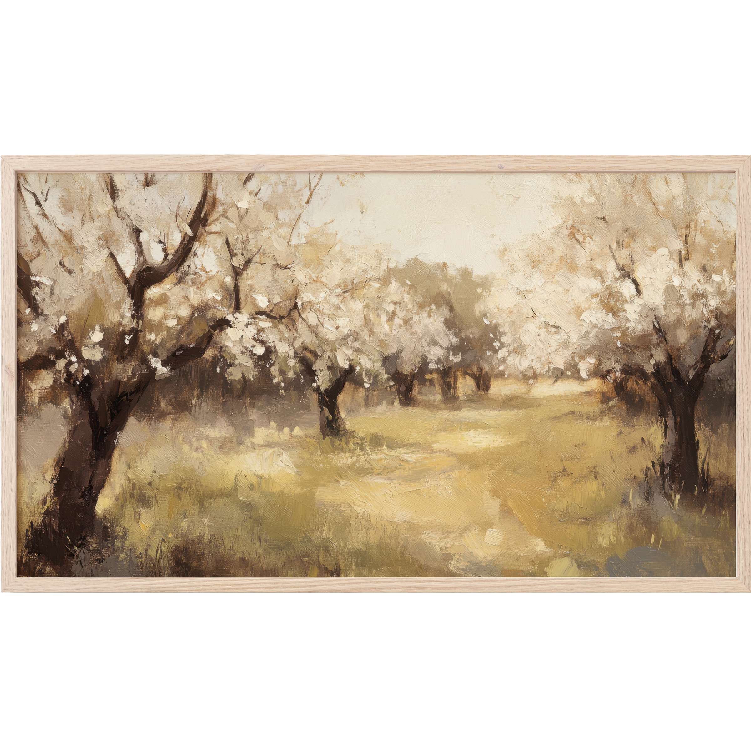 Softly textured orchard scene in warm beige and cream tones, perfect tree Frame TV Art for a serene, stylish space