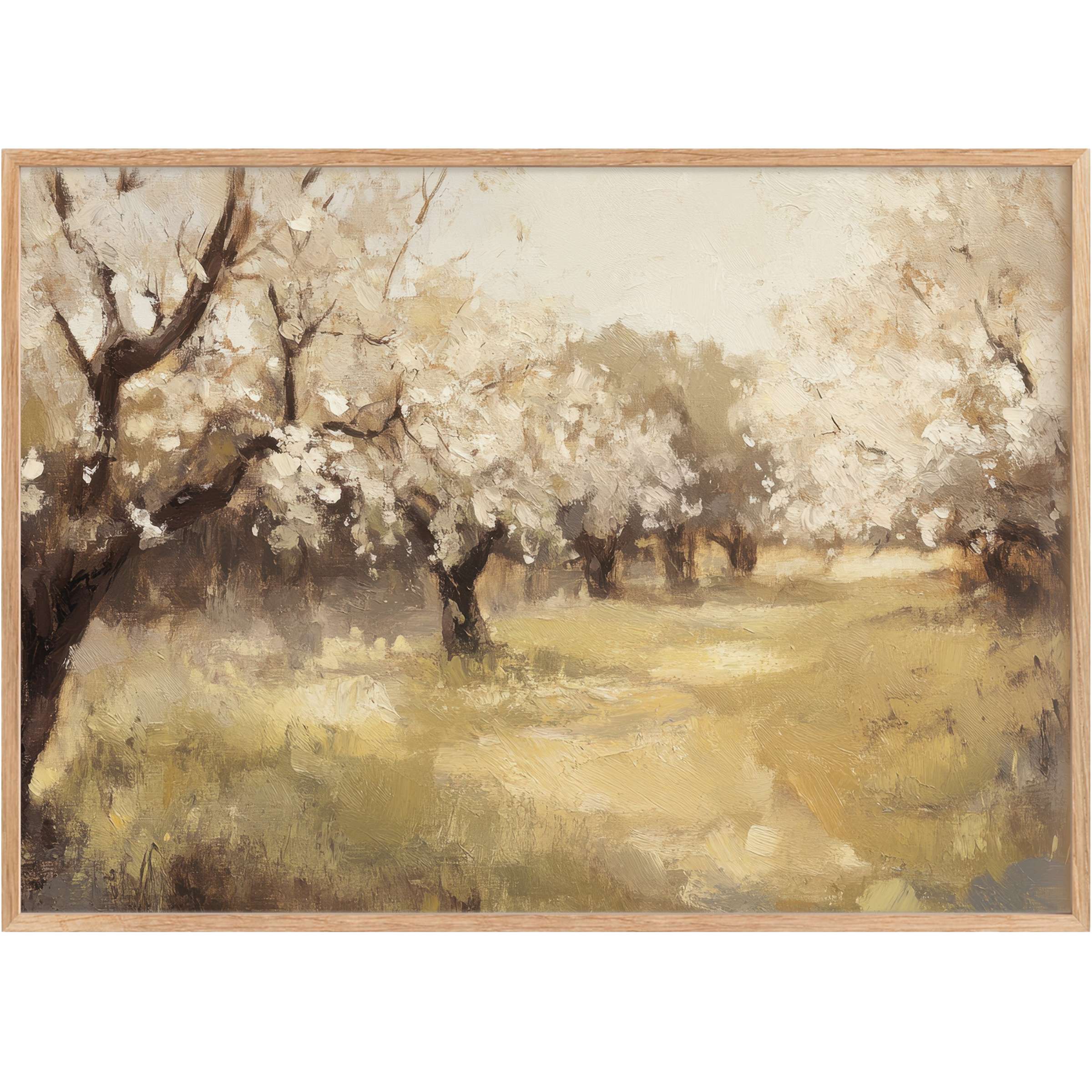 Serene tree printable wall art in soft creams and muted golds evokes a tranquil, sunlit orchard ambiance for elegant interiors