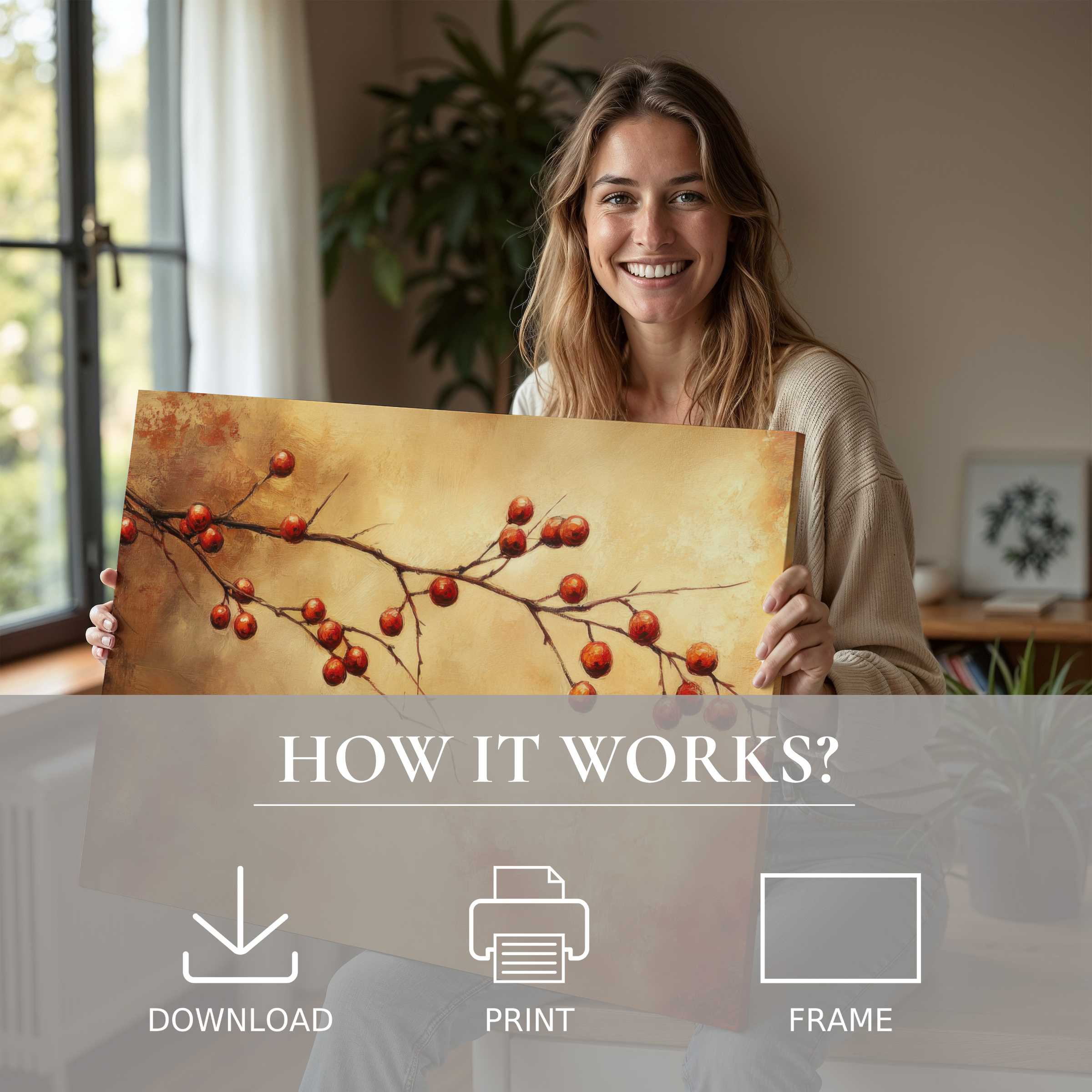 A joyful moment in a stylish home reveals the warm glow of fall digital art print, inviting serene connection through effortless elegance