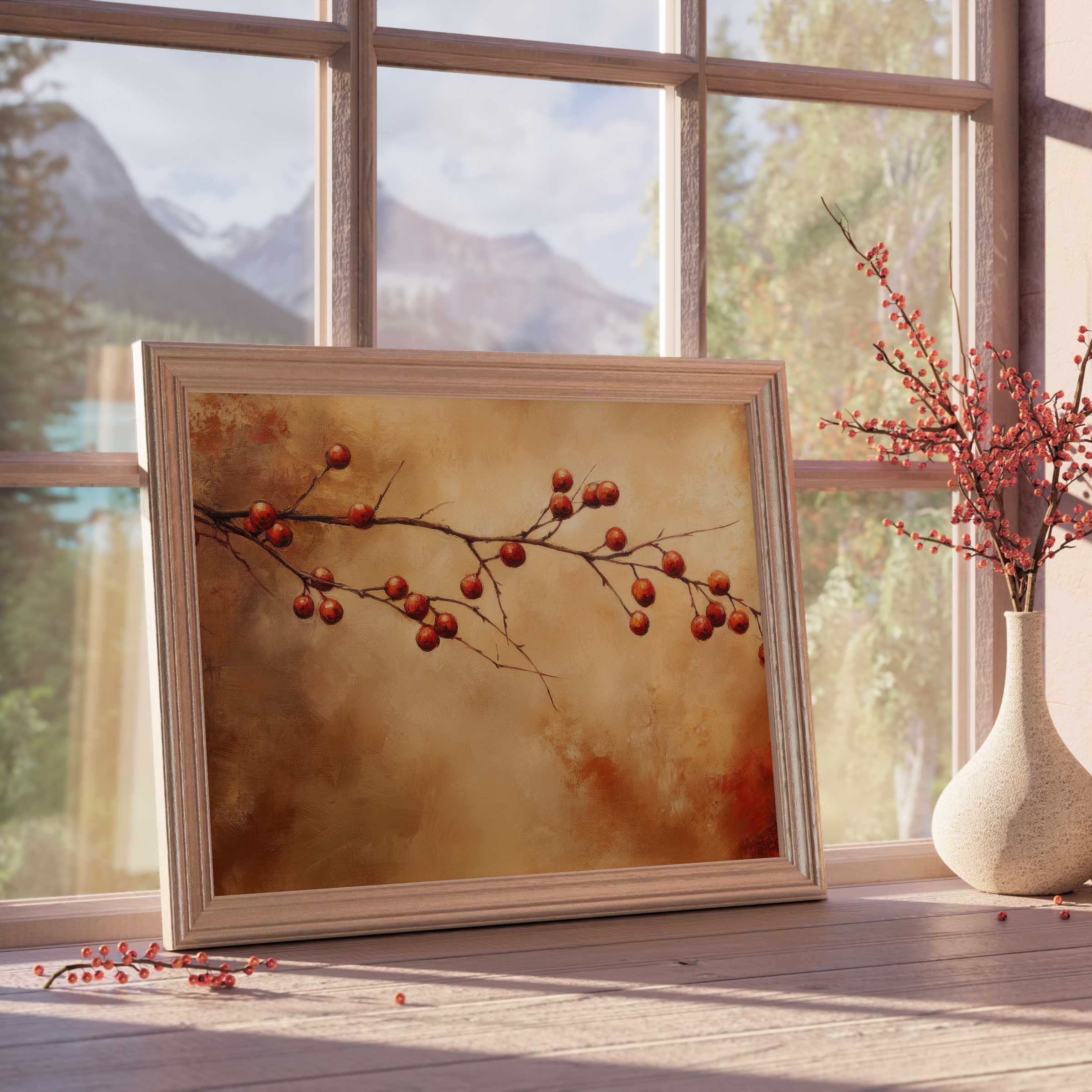 Fall downloadable art of delicate red berries on elegant branches, infusing warm, serene charm into curated modern interiors