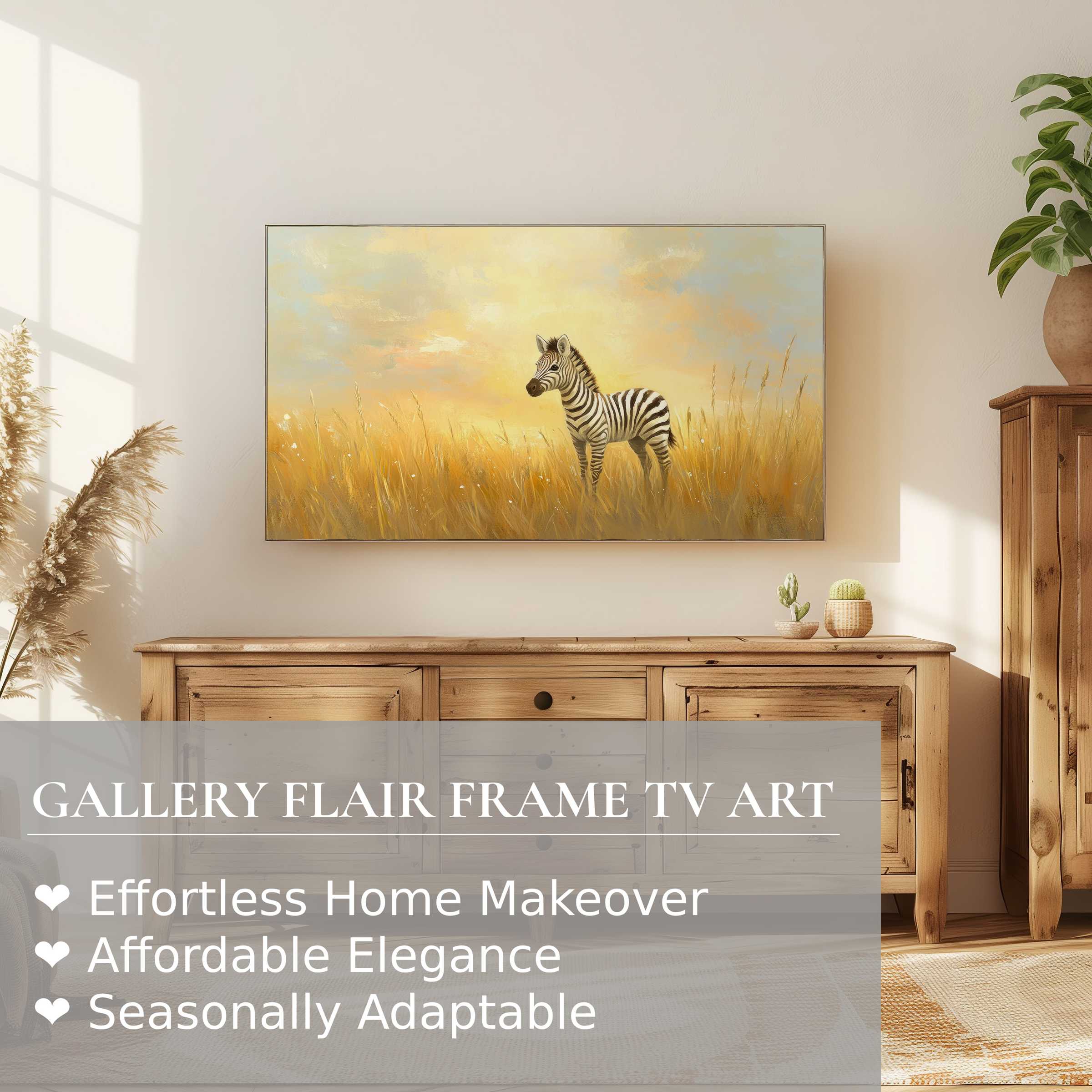 Samsung Frame TV displaying nursery digital artwork of a zebra in warm, serene golden grass landscape