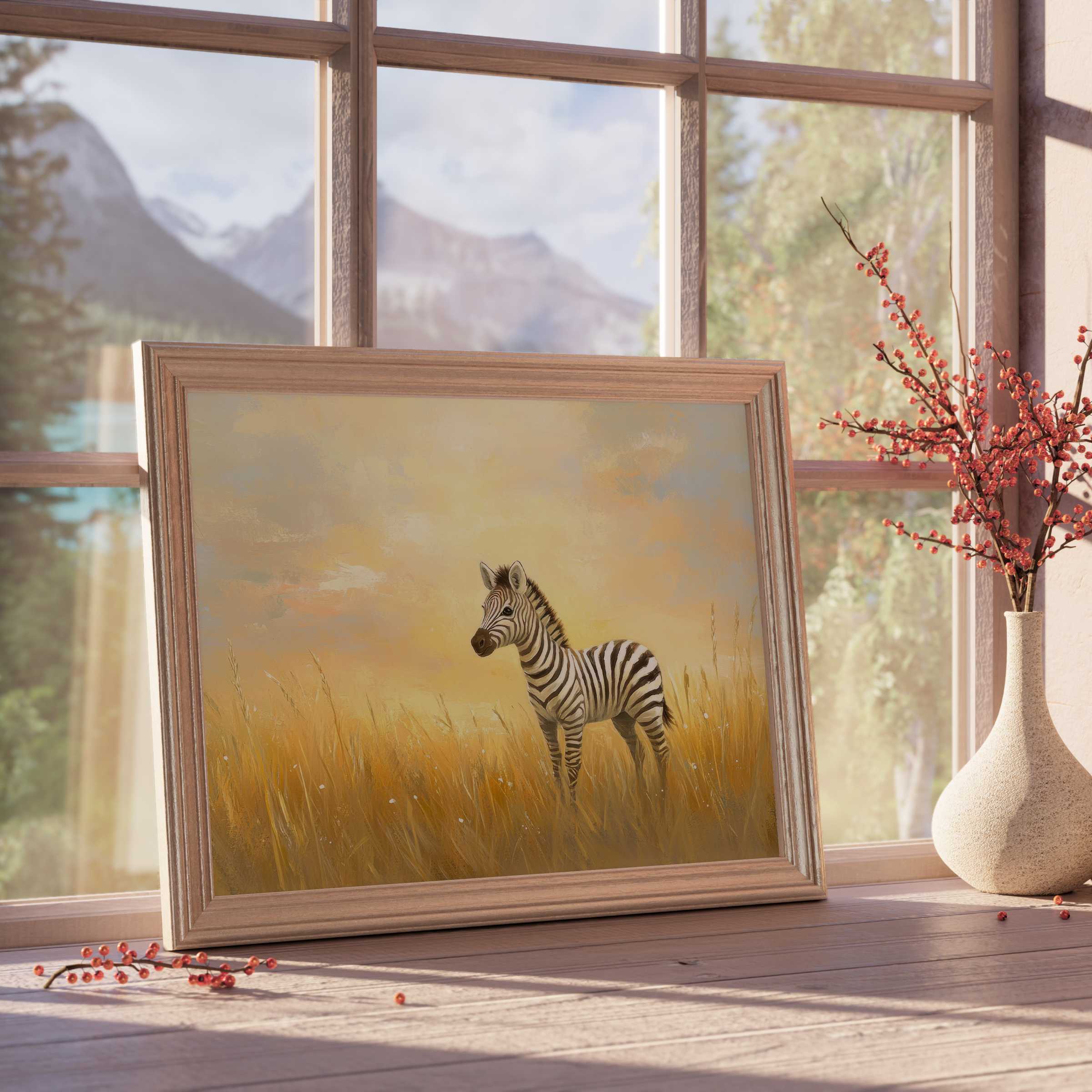 Nursery downloadable art featuring a serene baby zebra amid golden savanna, perfect for tranquil, design-forward kids' rooms