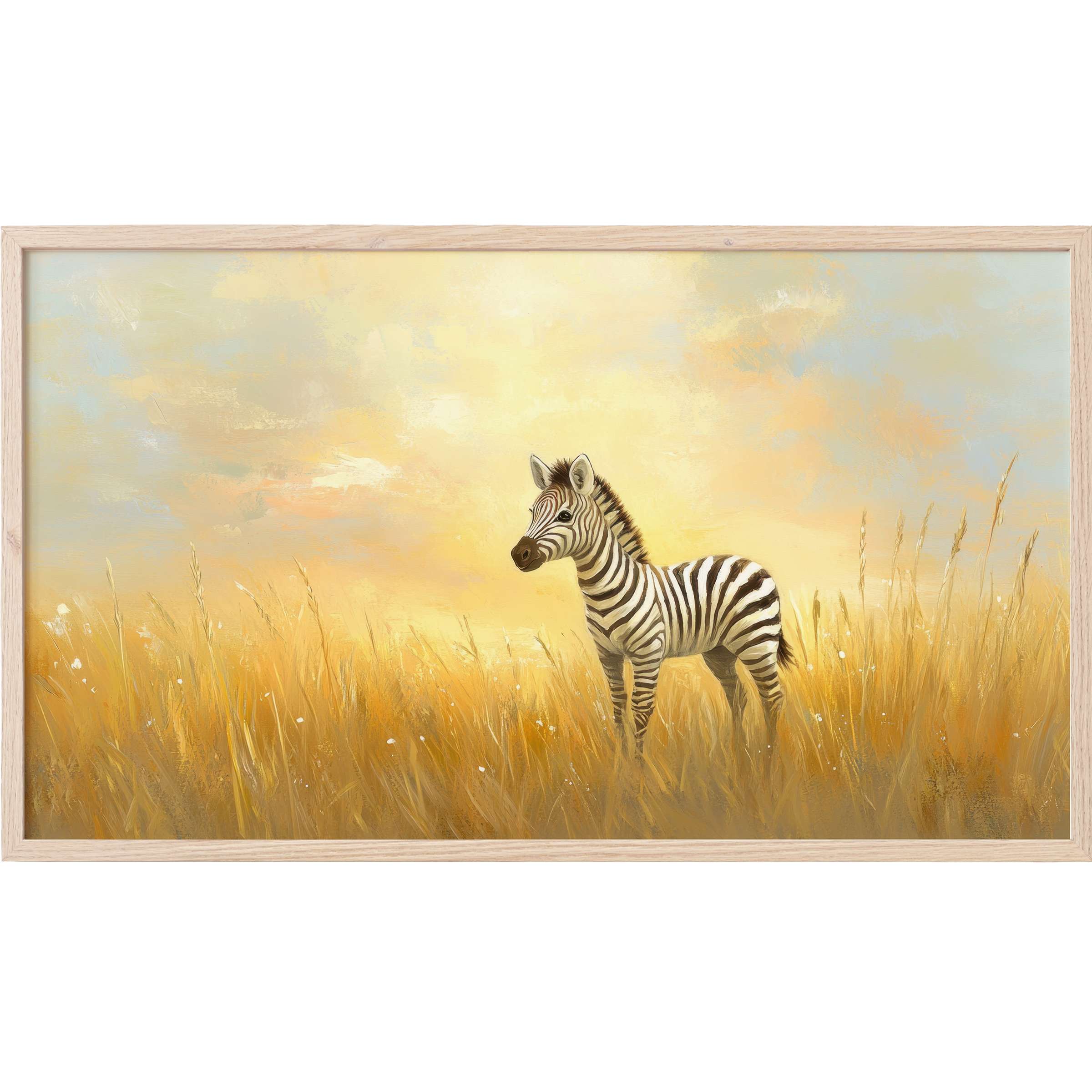 Charming baby zebra in golden grasses under a soft sunrise sky, perfect nursery Frame TV Art with warm hues