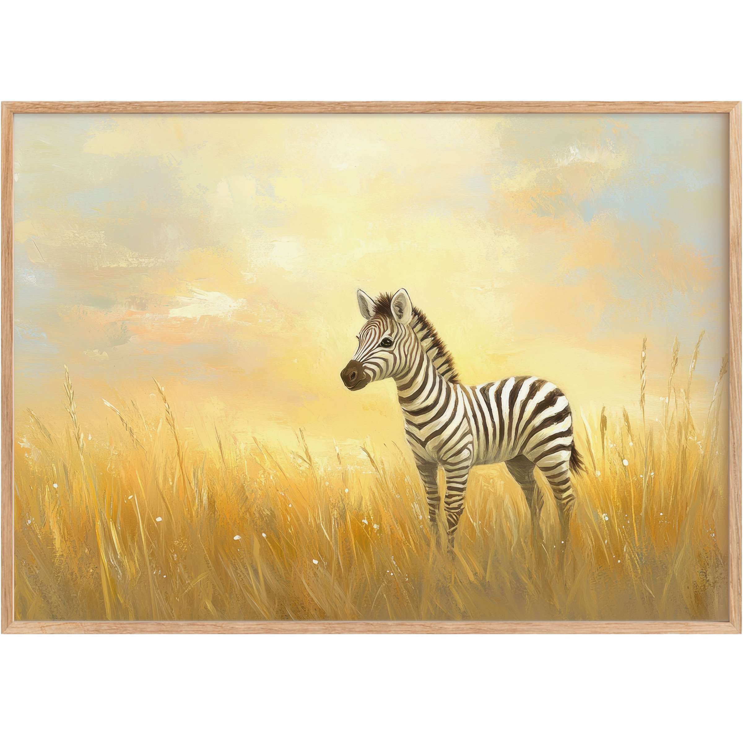 Charming nursery printable wall art featuring a gentle zebra amid golden grasses, evoking a warm, serene glow