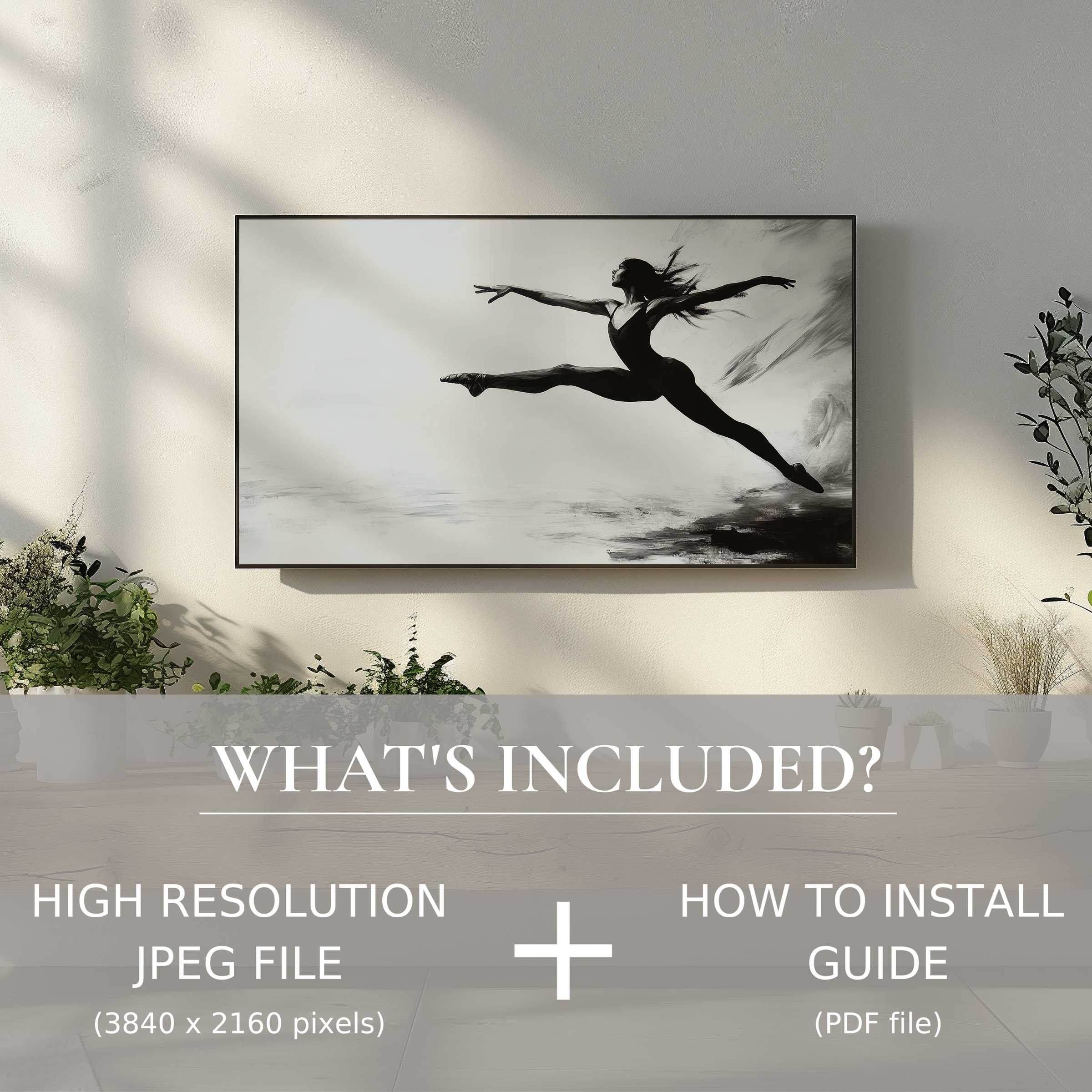 Elegant black and white digital TV art download of a ballet dancer, enriching living spaces with easy digital use