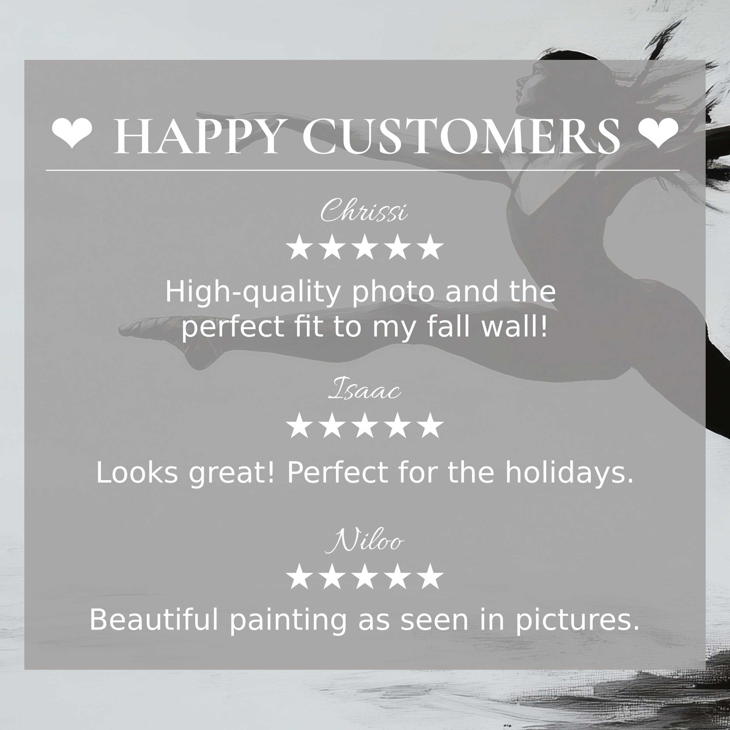 Black and white art for Frame TV with dynamic dancer background; happy customer reviews build trust and elegance
