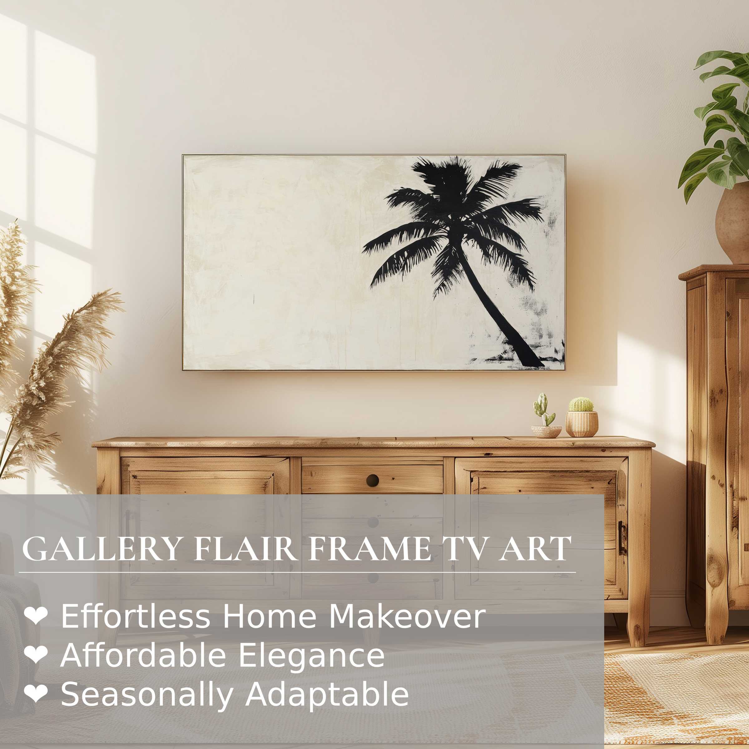 Samsung Frame TV showcases neutral digital artwork of a minimalist palm in a warm, modern home setting