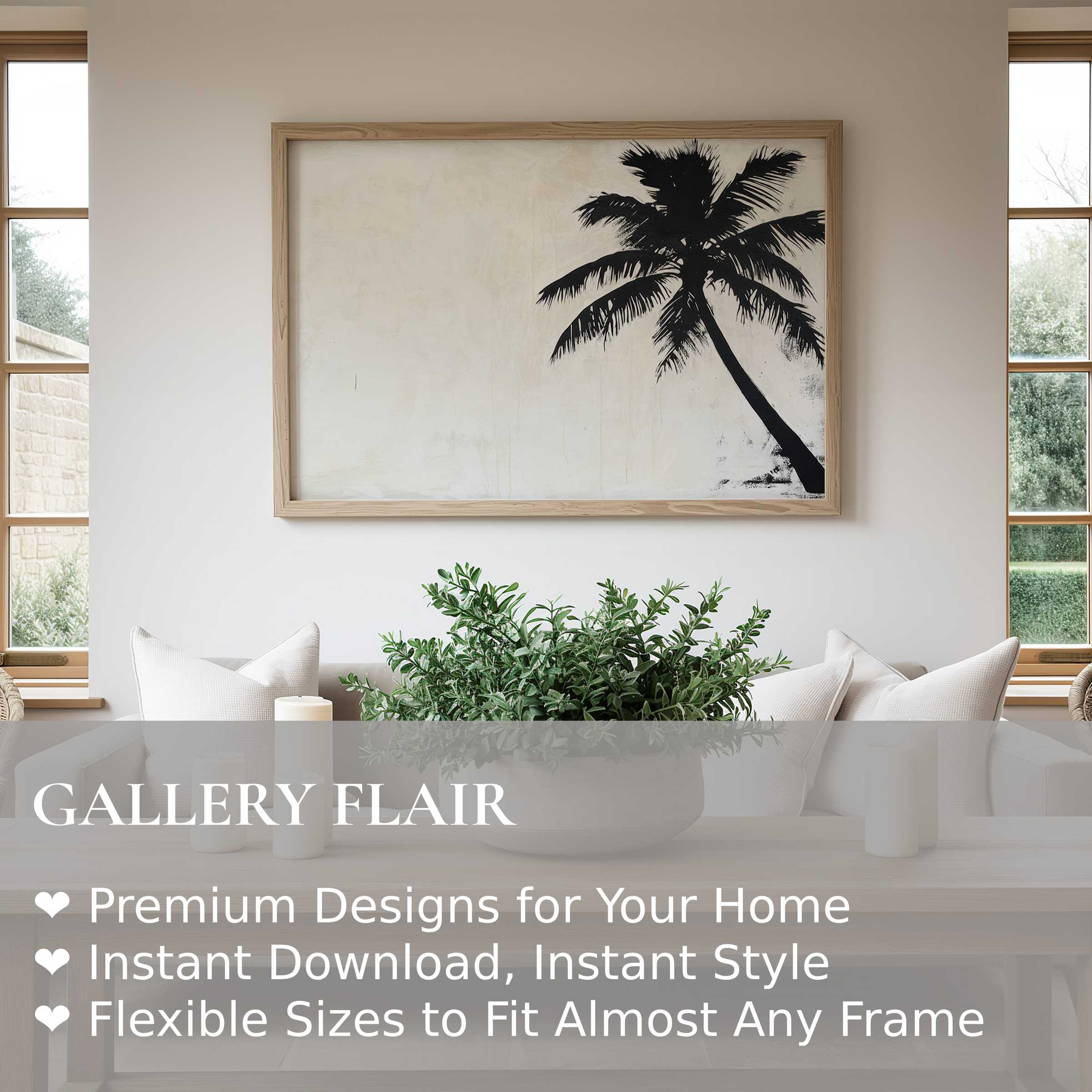Neutral wall art print featuring a bold black palm silhouette on a soft, textured background, enhancing modern minimalist interiors with calming, natural elegance