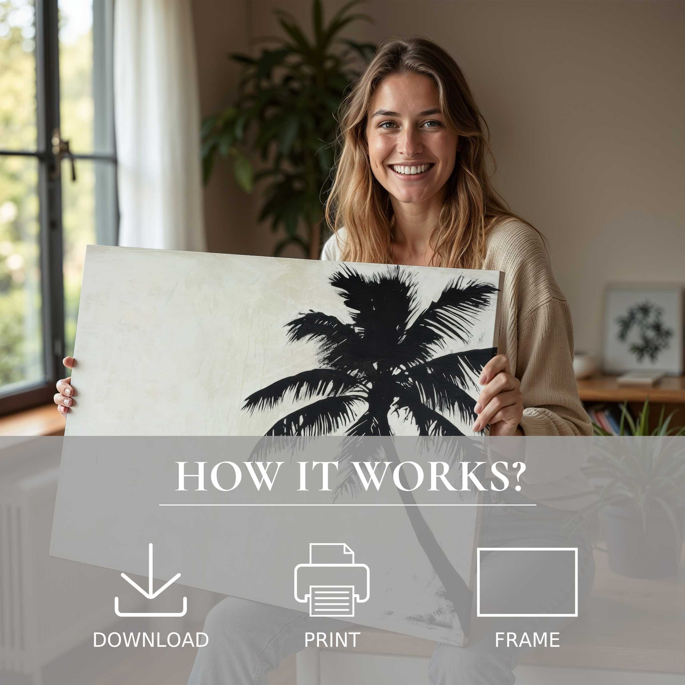 A serene moment of joy as a woman showcases a neutral digital art print, blending effortless elegance with modern home harmony