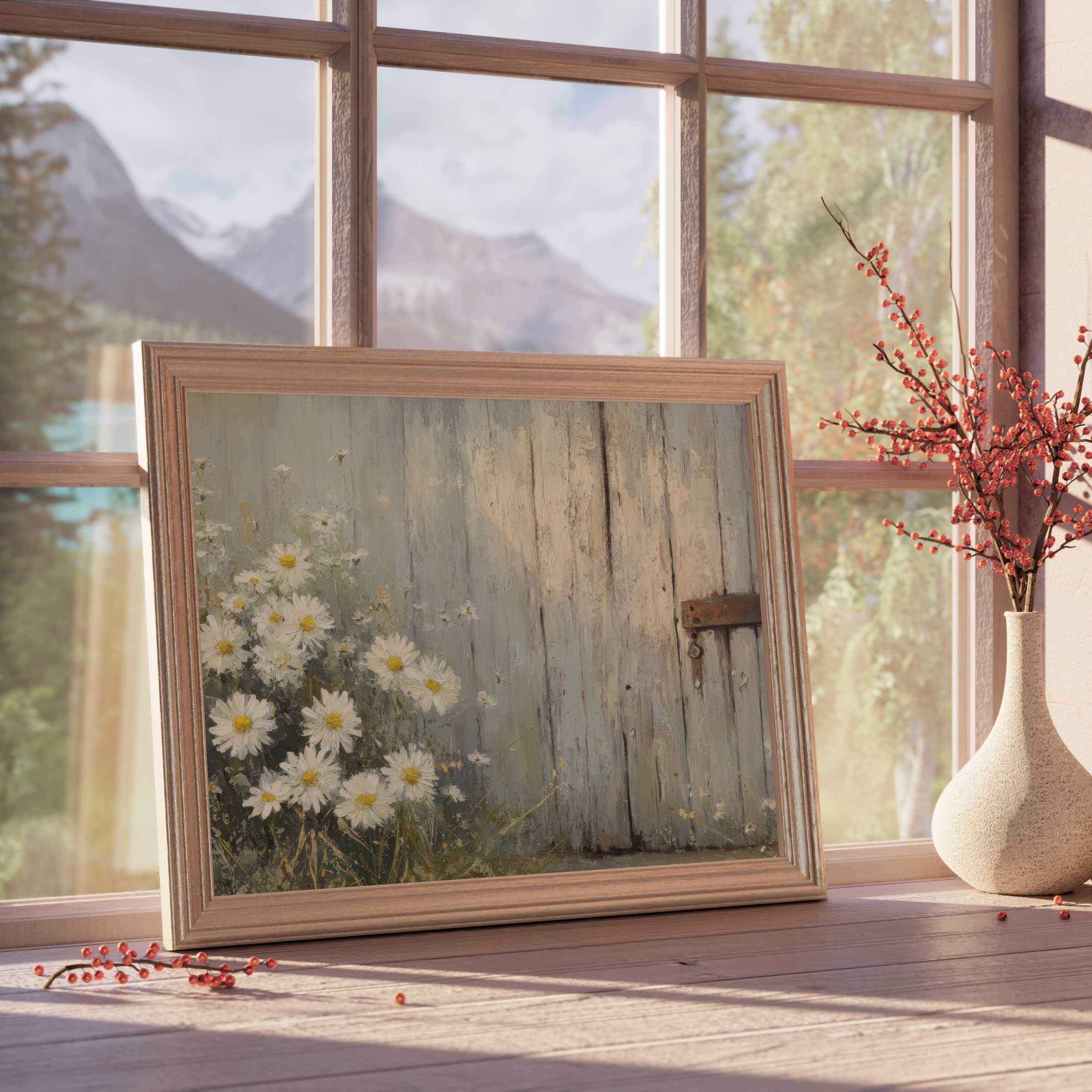 Farmhouse downloadable art featuring delicate daisies beside a rustic weathered door, evoking serene, timeless charm in curated interiors