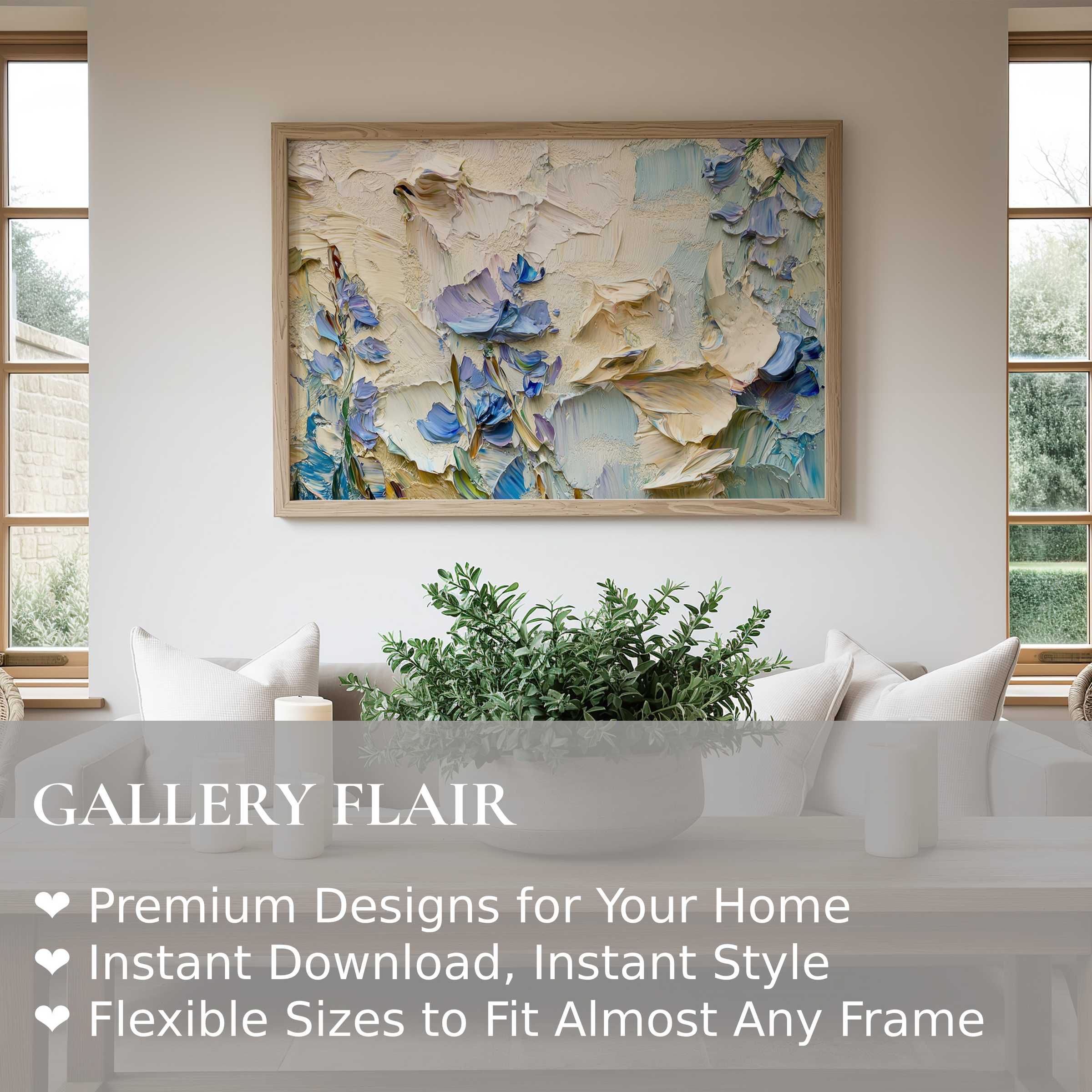 Botanical wall art print featuring textured floral strokes in soft blues and neutrals, enhancing modern minimalist interiors with a serene, elegant touch
