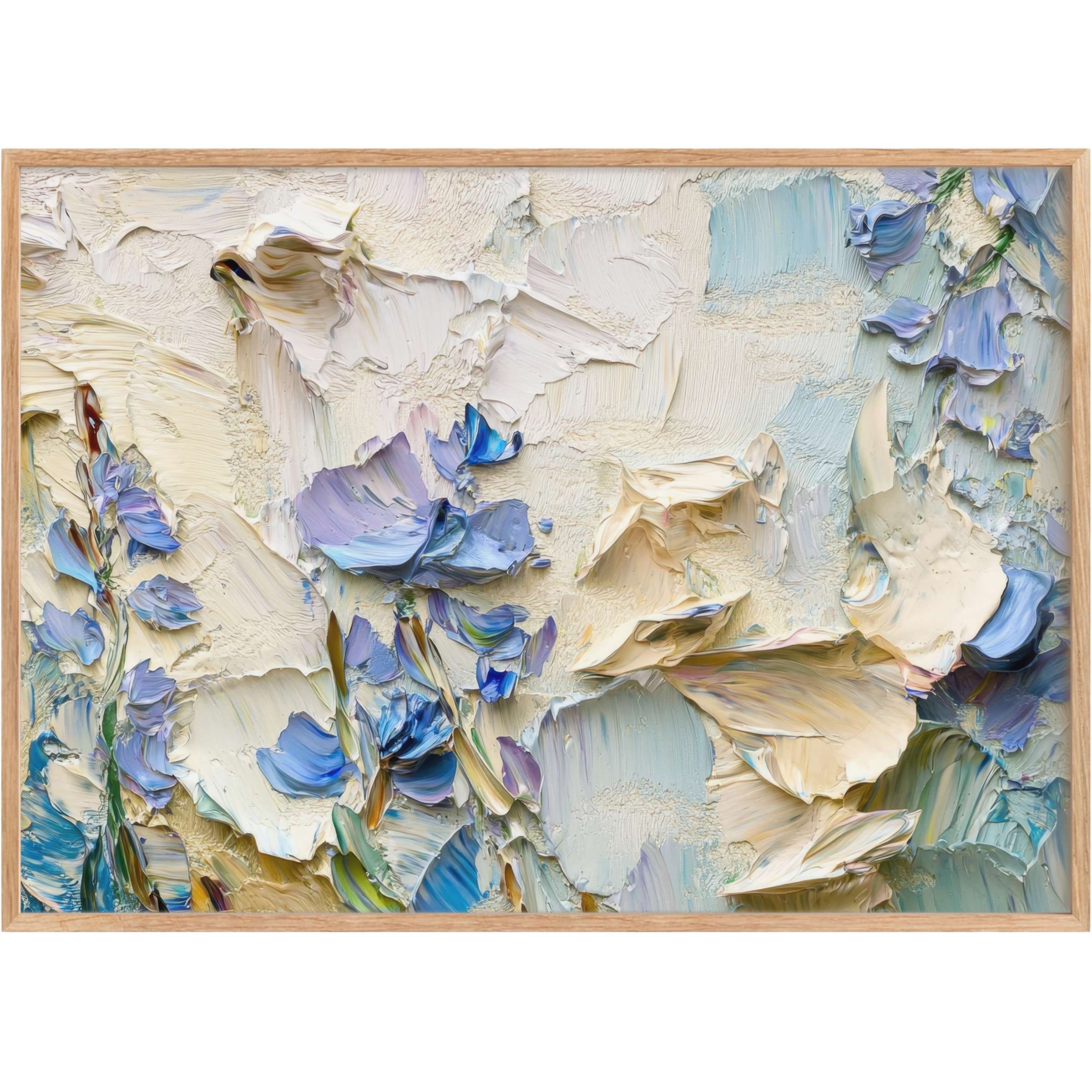 Botanical printable wall art with lush cream and blue petals evokes a serene, elegant ambiance for refined interiors