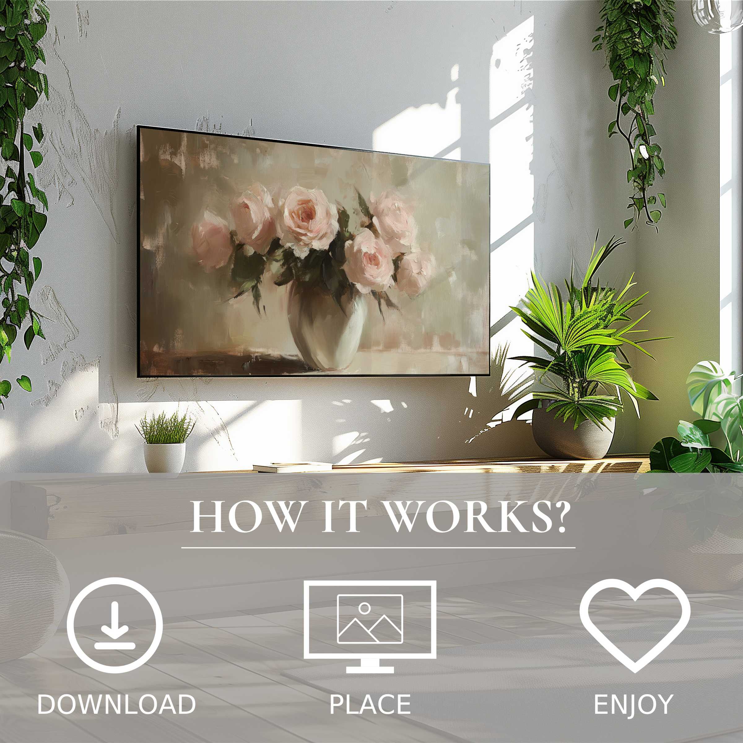 Floral art for Samsung TV in soft pastel roses enhances modern space; easy digital download for instant décor uplift