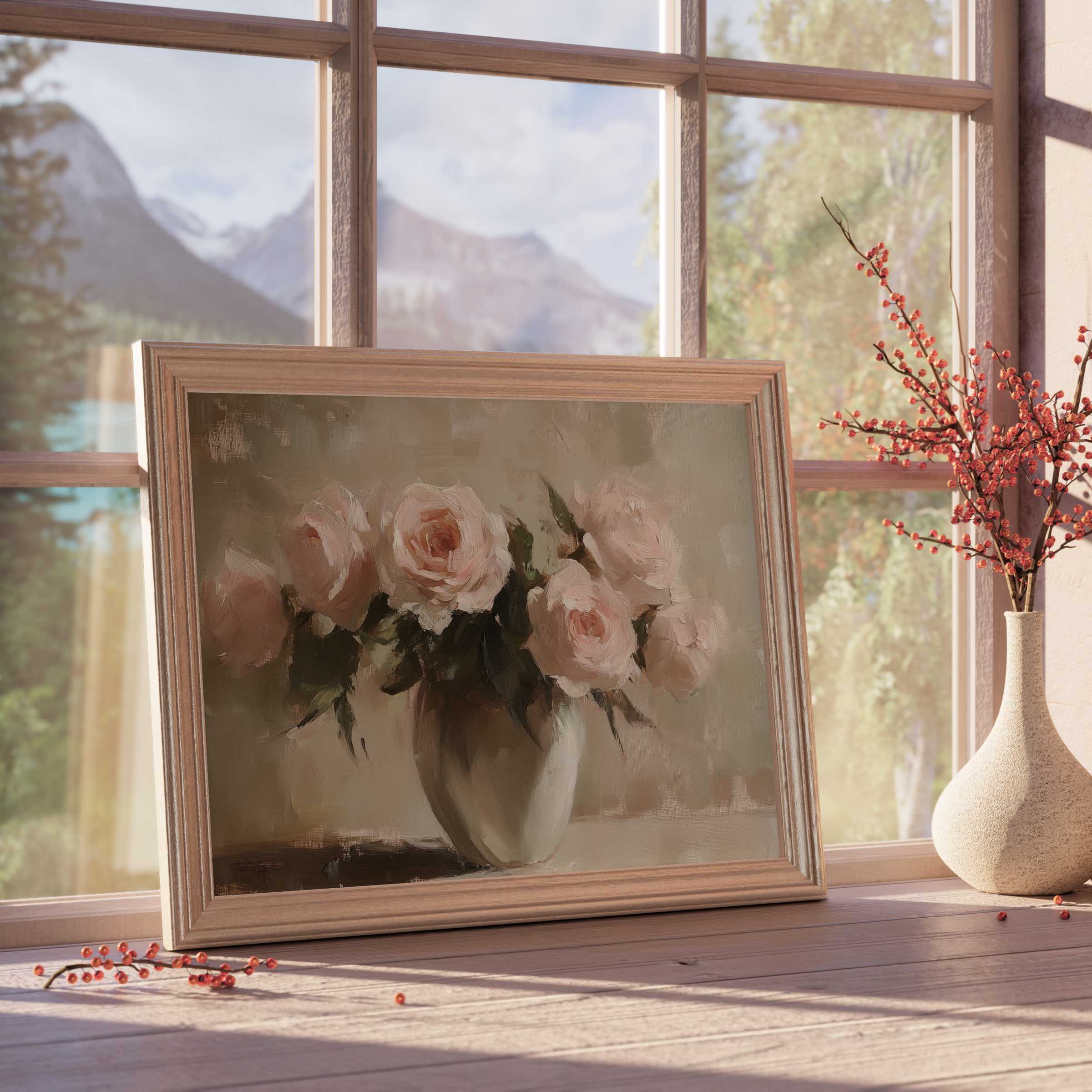 Elegant floral downloadable art featuring soft blush roses in a serene vase, enhancing calm, curated interiors with timeless charm