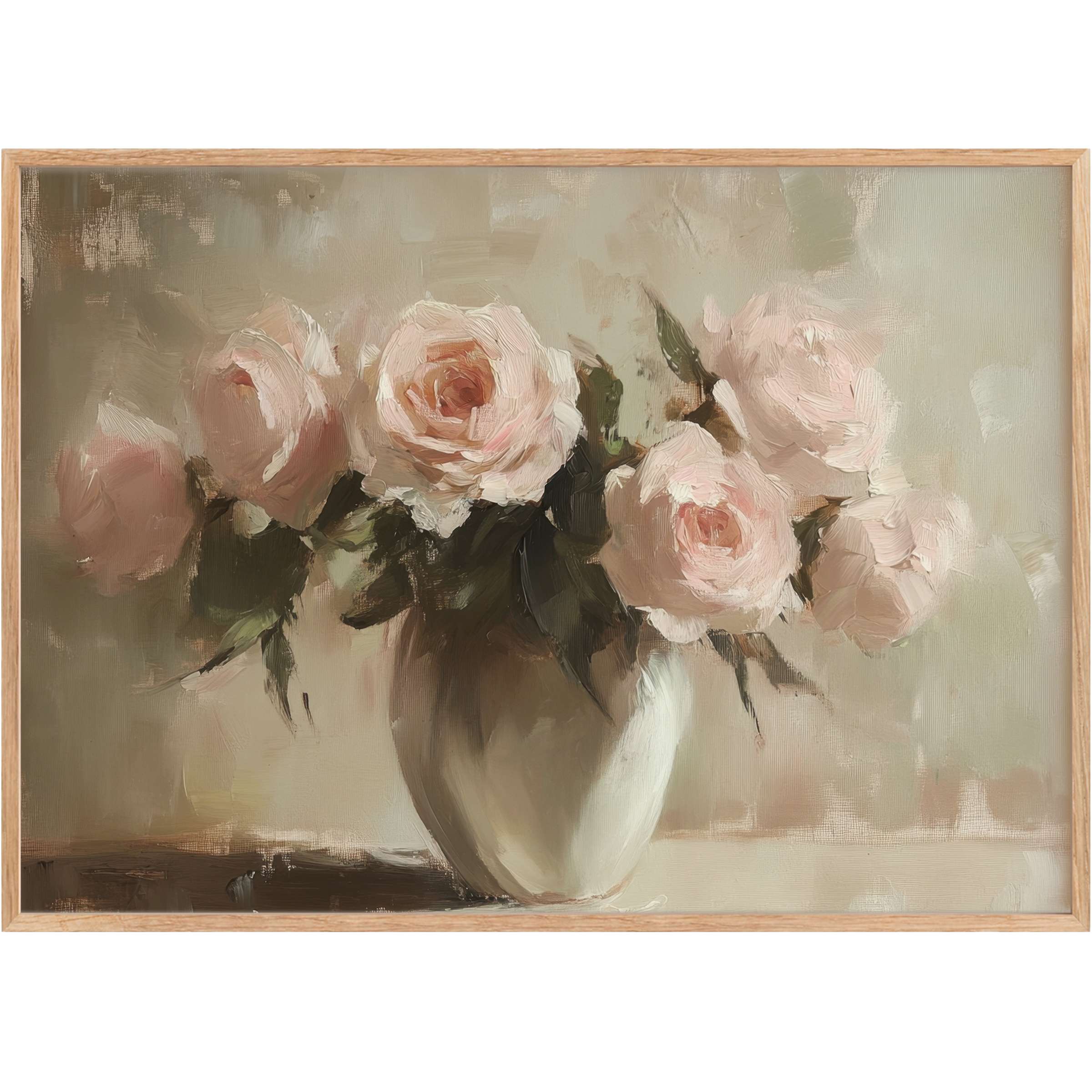 Soft blush roses in muted greens and creams evoke a calming, elegant ambiance with this floral printable wall art