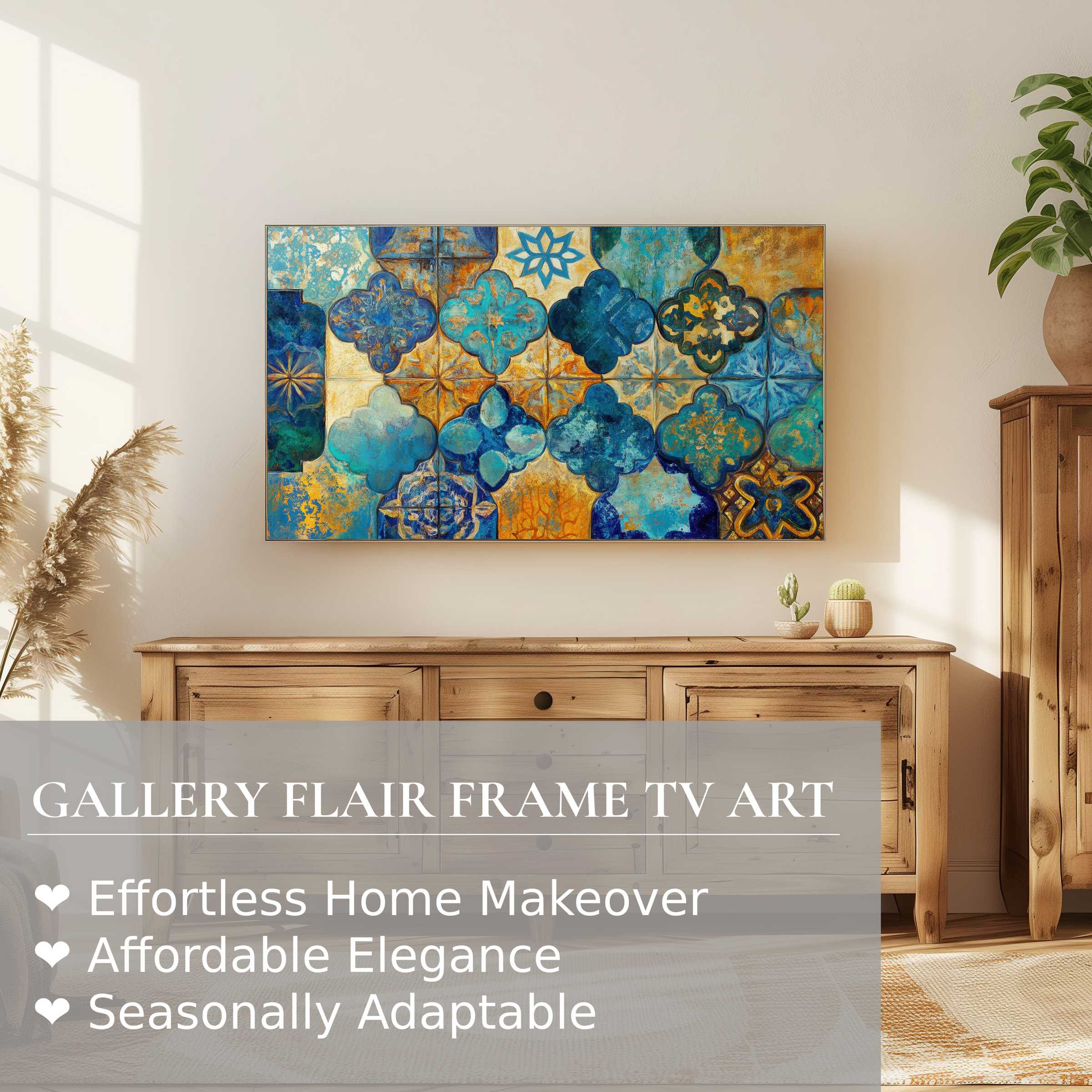 Samsung Frame TV displays vibrant boho digital artwork in a sunlit, elegant room with natural wood accents and plants