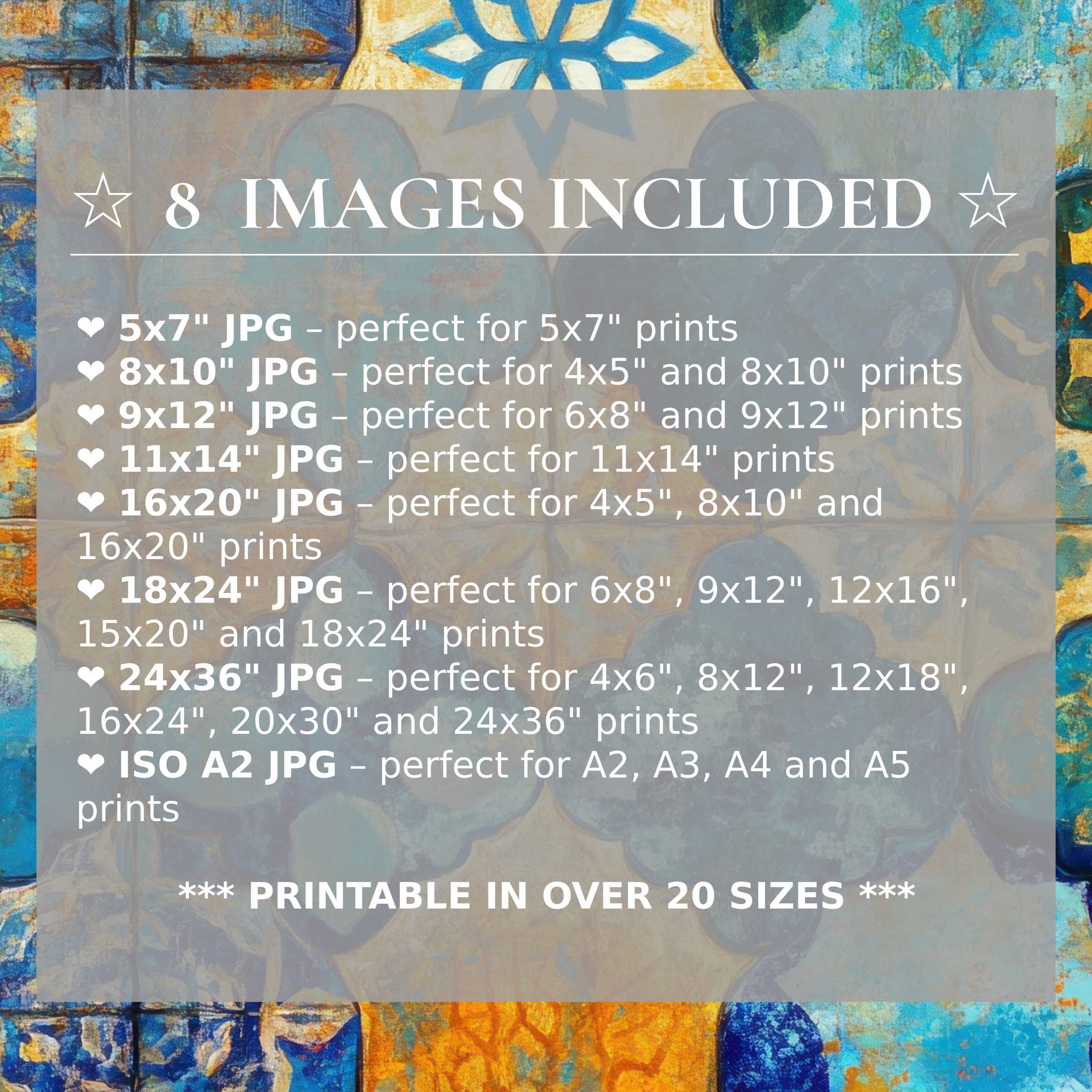Boho digital print radiates warm golds and deep blues with calming, intricate patterns; includes 8 high-quality sizes for versatile, luxe modern interiors