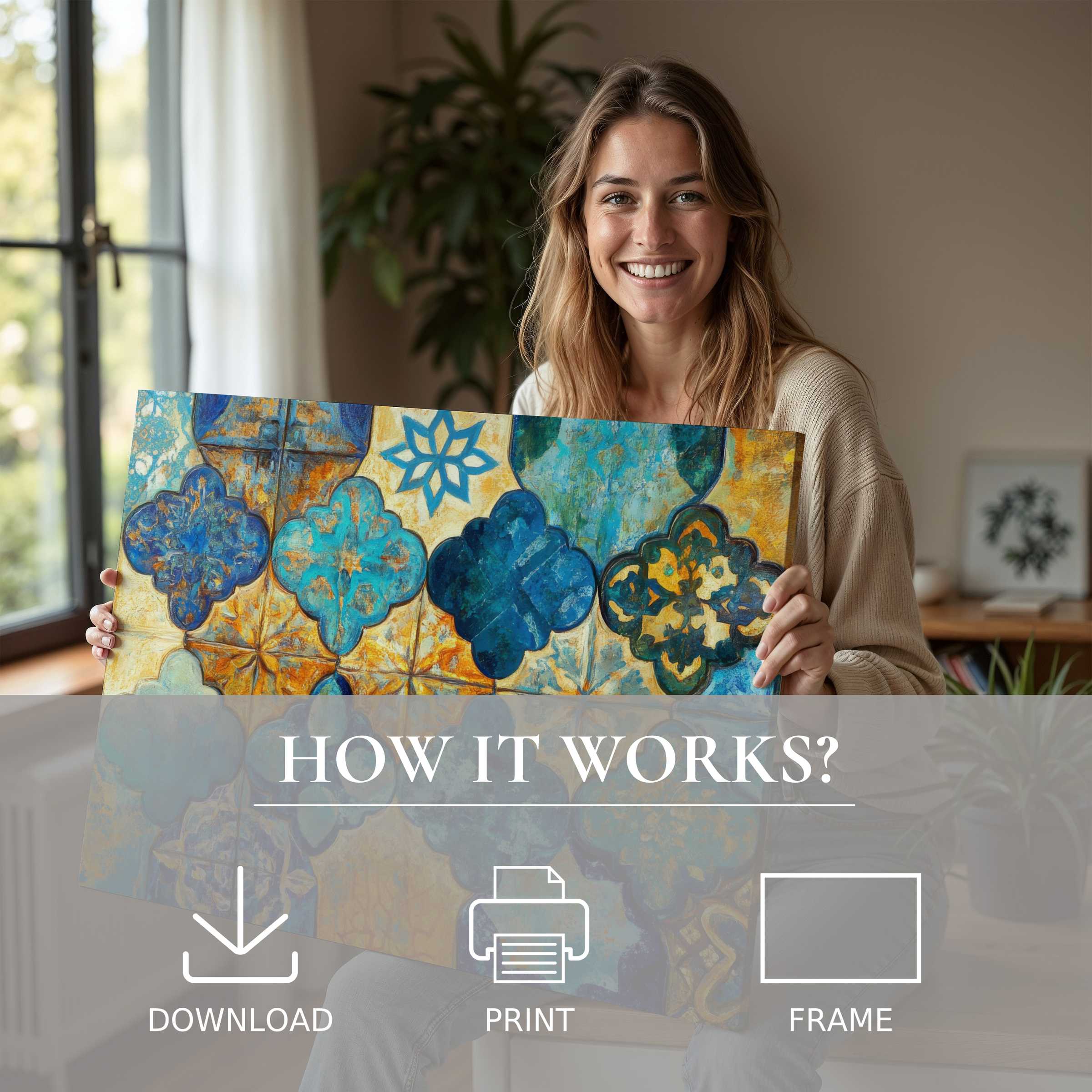 Radiant boho digital art print elevates modern living with serene blue and amber hues, inspiring joyful connection through effortless elegance