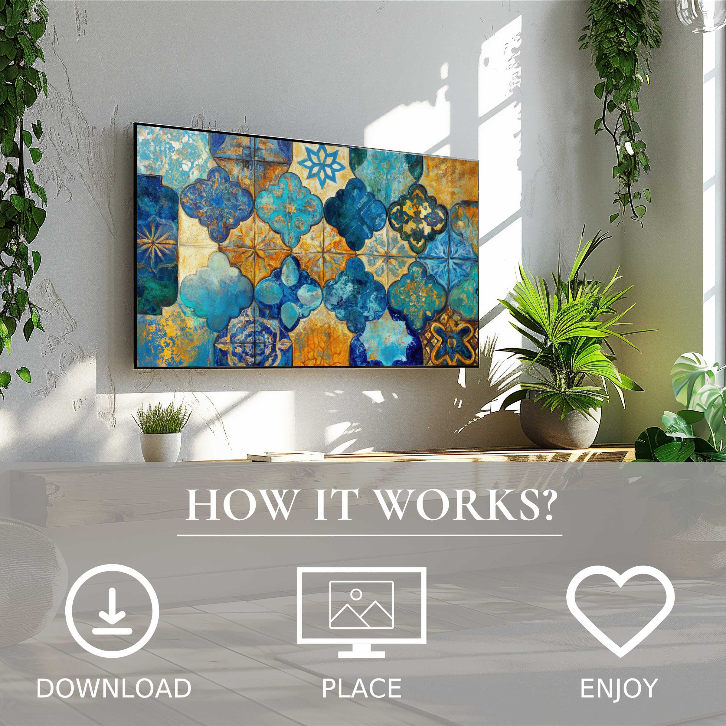 Boho art for Samsung TV features rich blues and golds in bold tile motifs, easy digital download to enrich your space